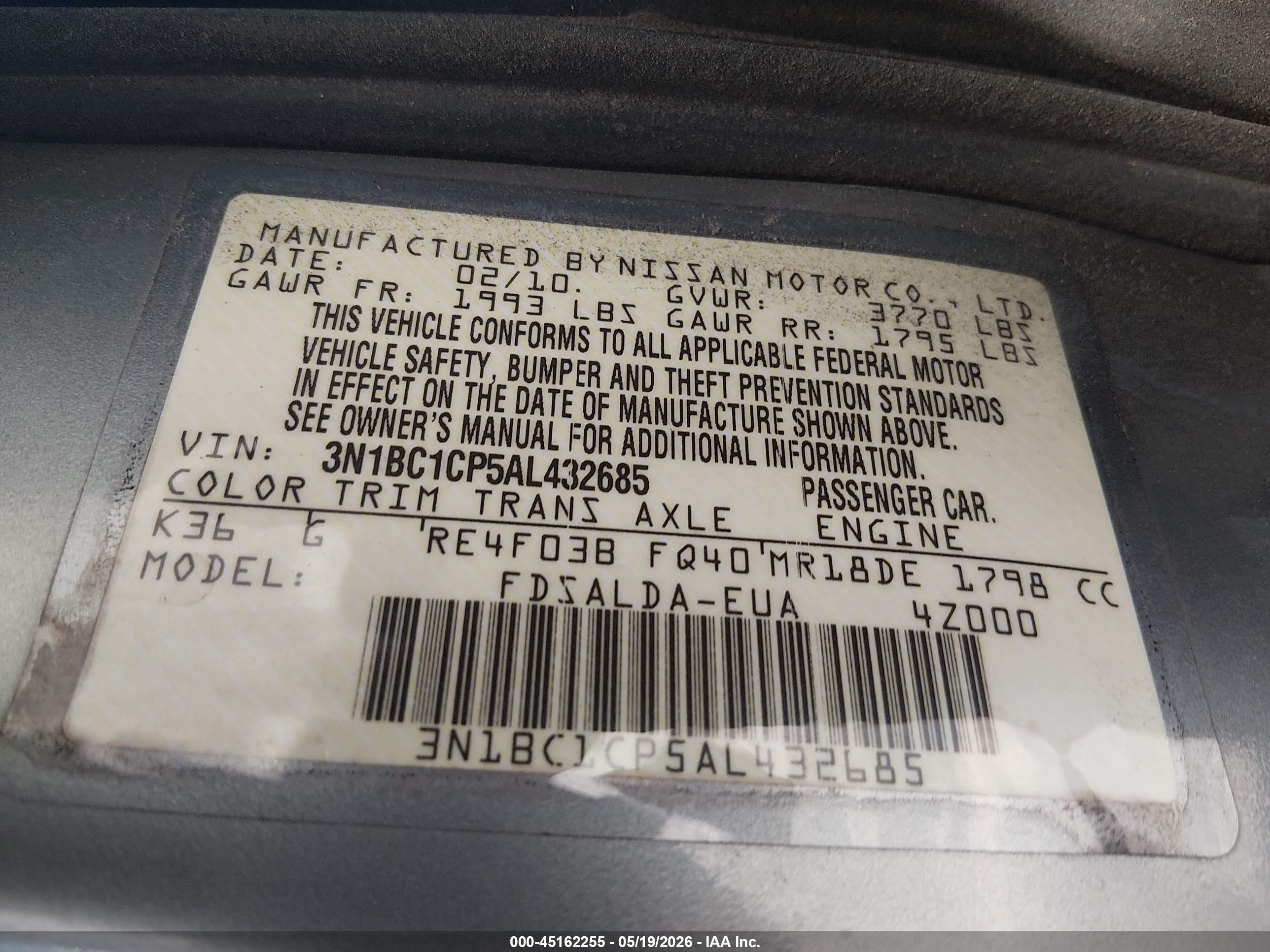 2010 Nissan Versa 1.8s Gray vin: 3N1BC1CP5AL432685