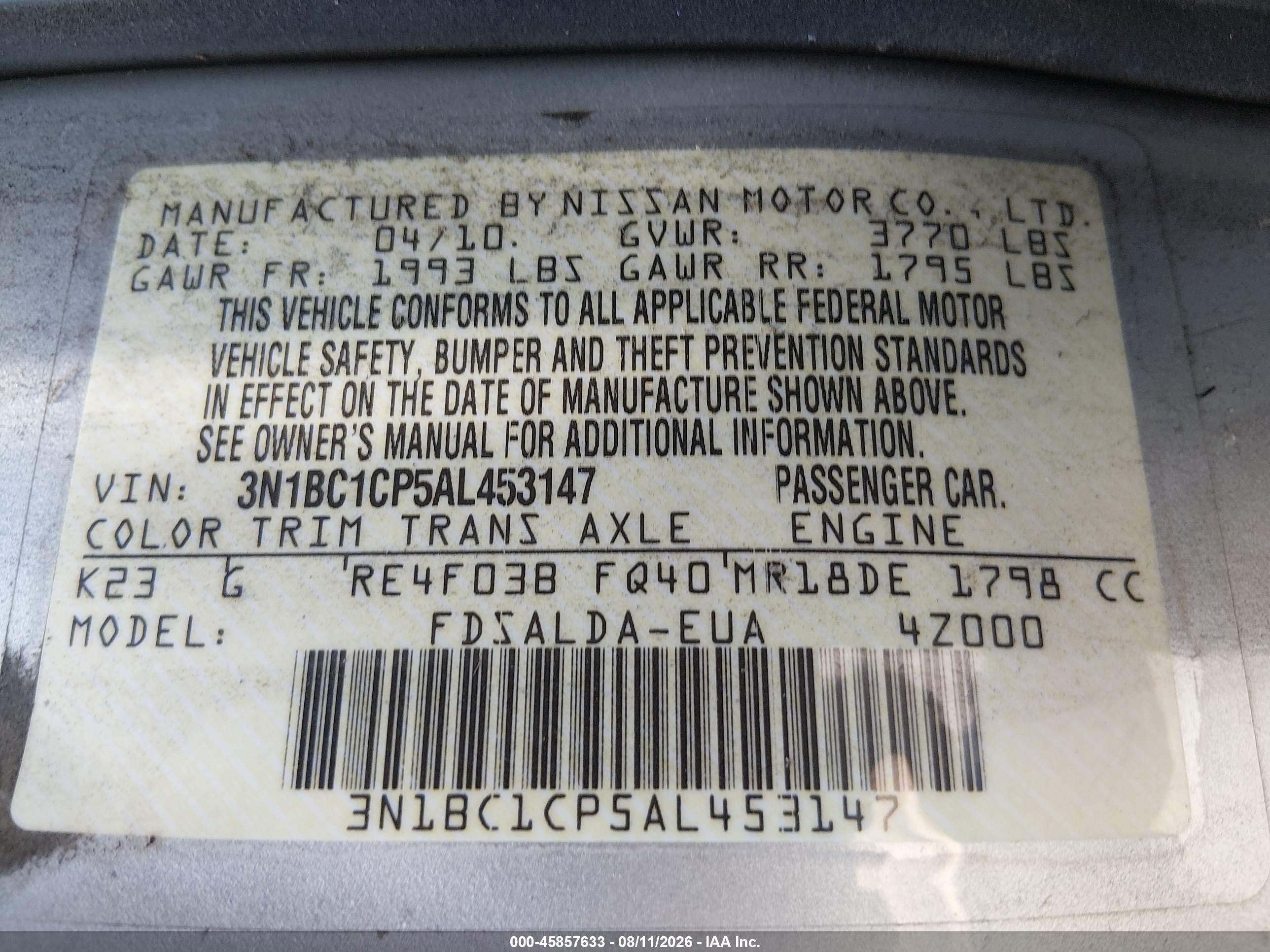 2010 Nissan Versa 1.8s Silver vin: 3N1BC1CP5AL453147