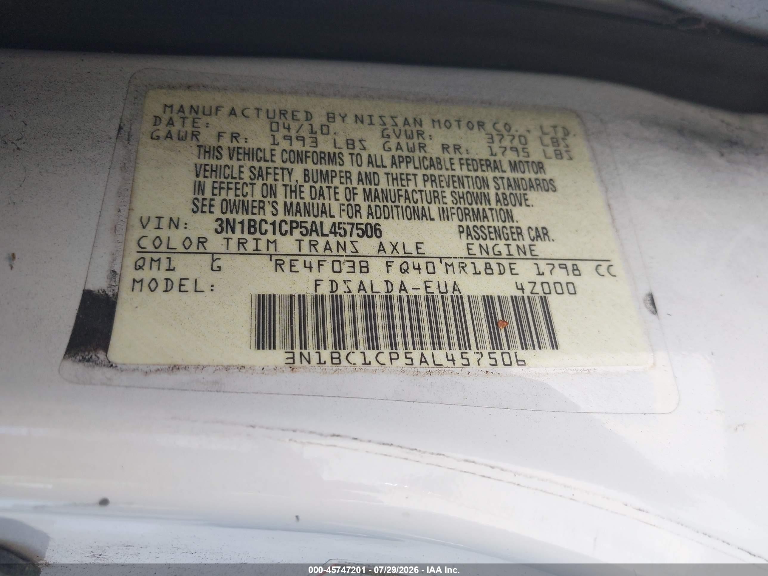 2010 Nissan Versa 1.8s White vin: 3N1BC1CP5AL457506