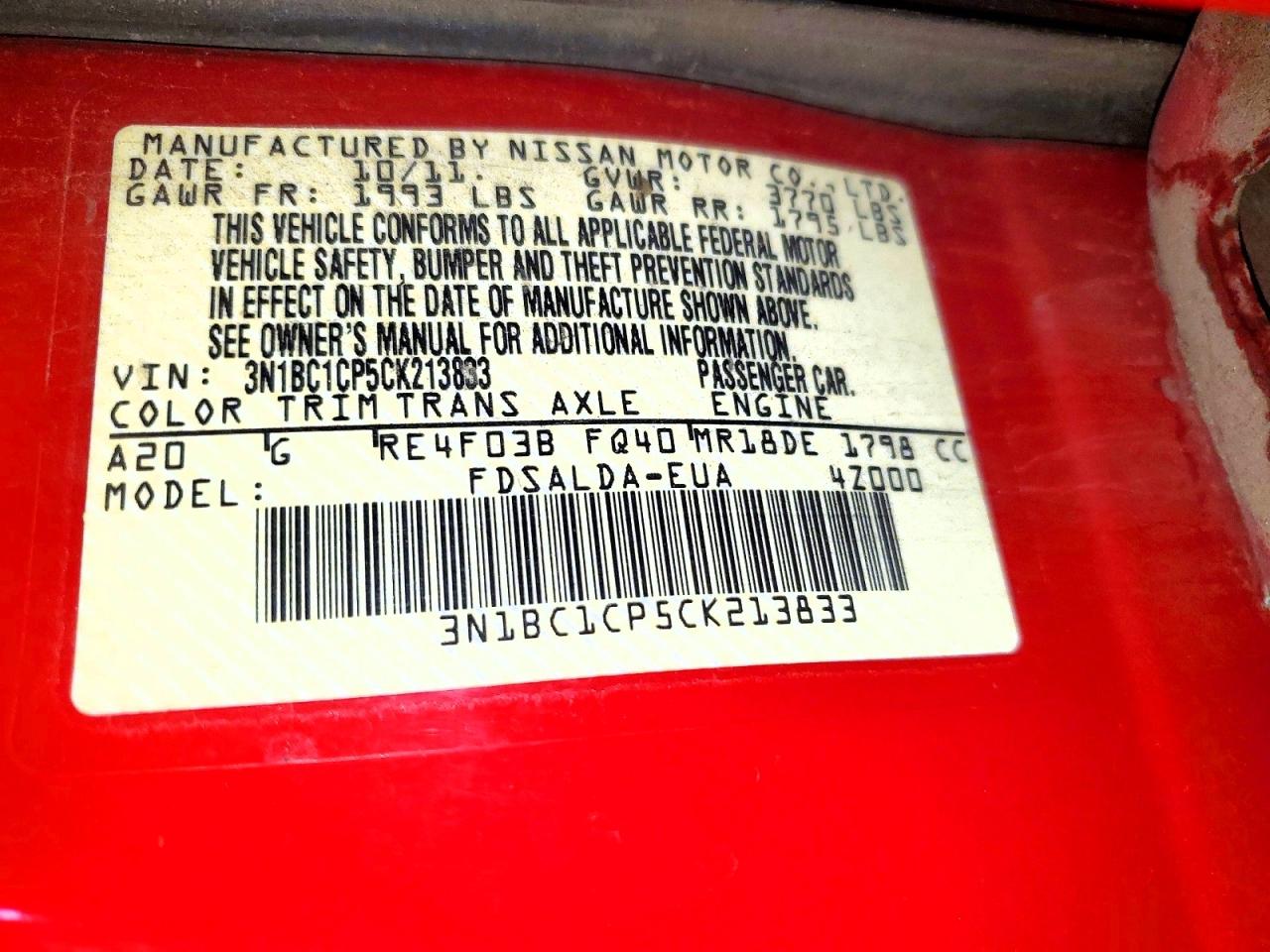 2012 Nissan Versa 1.8 S Red vin: 3N1BC1CP5CK213833