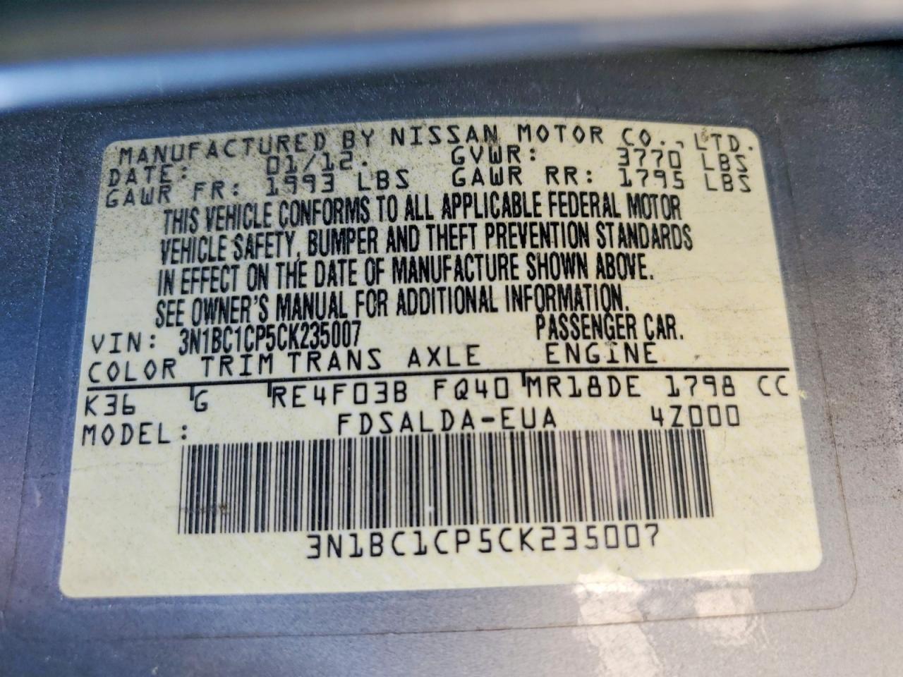 2012 Nissan Versa 1.8 S Gray vin: 3N1BC1CP5CK235007