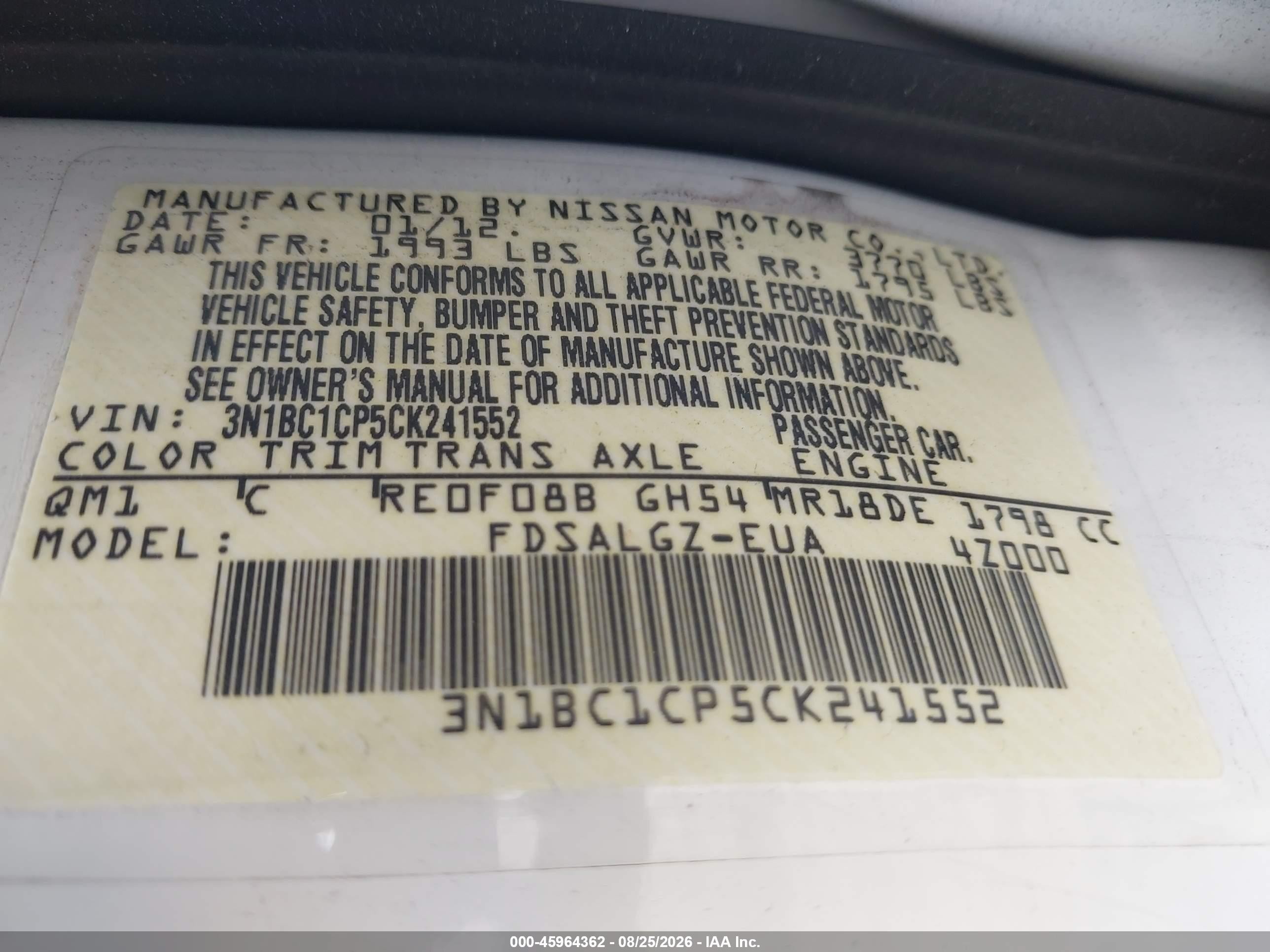 2012 Nissan Versa 1.8 Sl Белый vin: 3N1BC1CP5CK241552