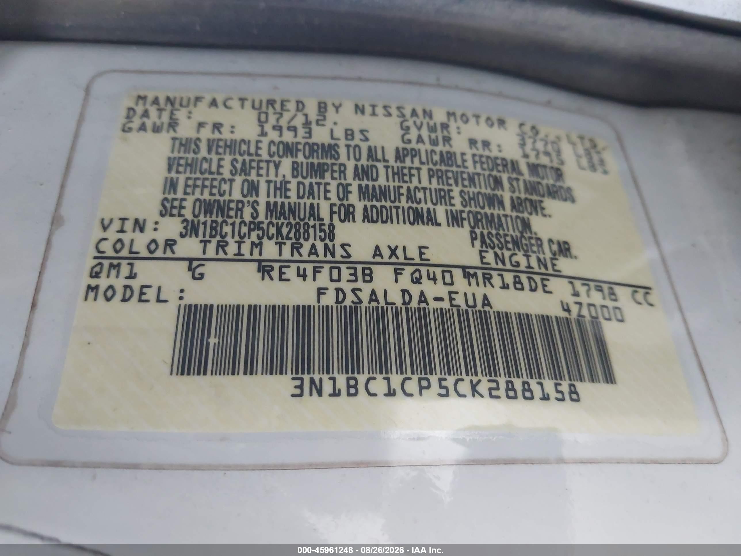 2012 Nissan Versa 1.8 S White vin: 3N1BC1CP5CK288158