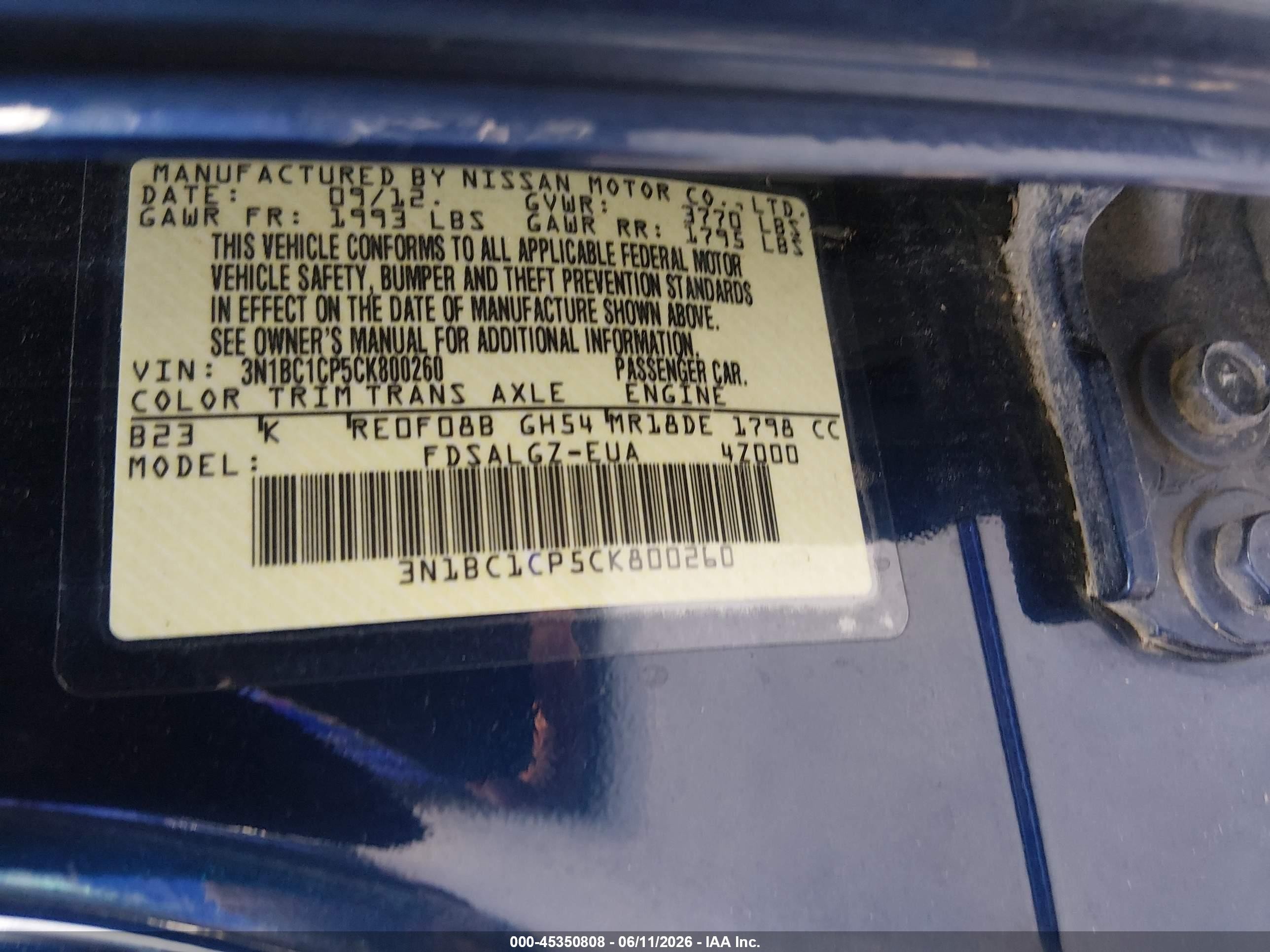 2012 Nissan Versa 1.8 Sl Blue vin: 3N1BC1CP5CK800260