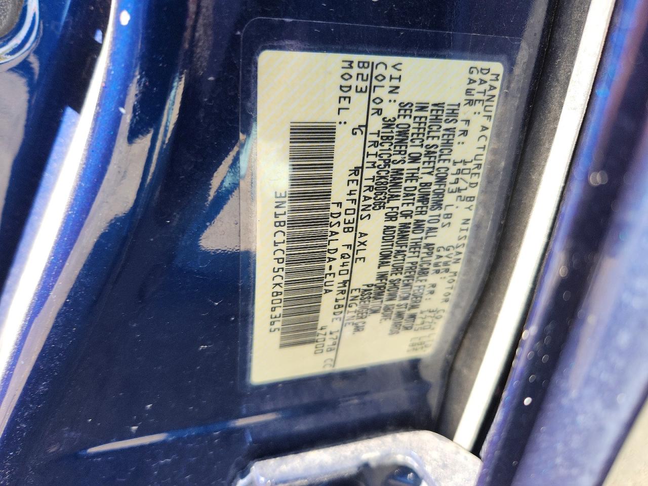 2012 Nissan Versa Blue vin: 3N1BC1CP5CK806365