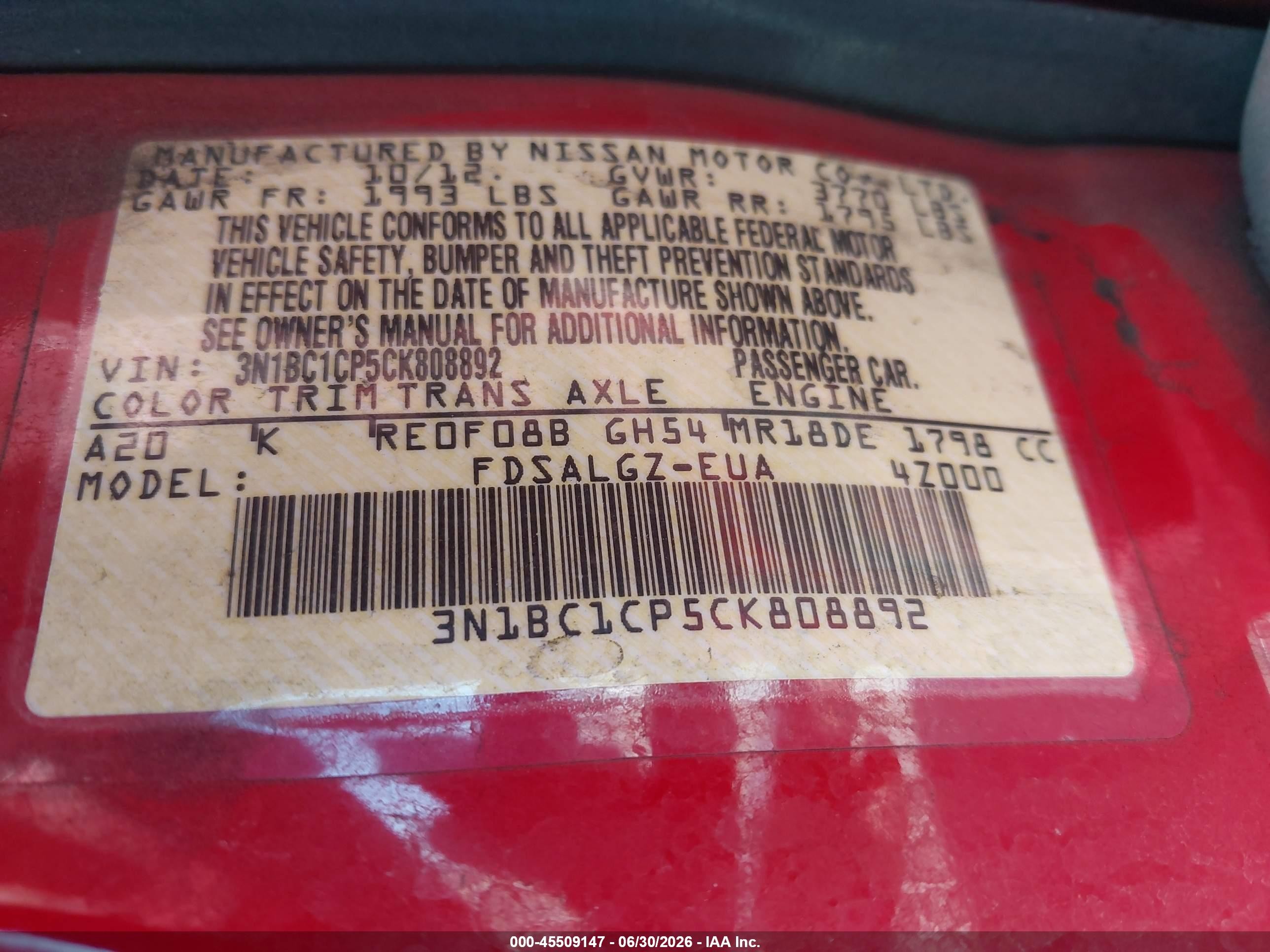 2012 Nissan Versa 1.8 Sl Red vin: 3N1BC1CP5CK808892