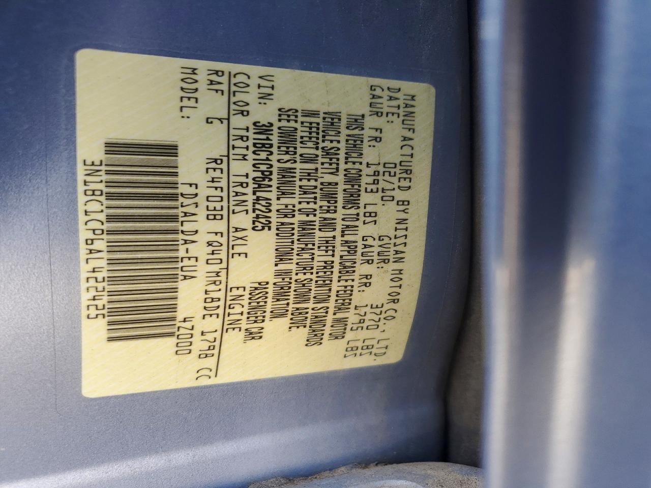 2010 Nissan Versa 1.8 S Blue vin: 3N1BC1CP6AL422425