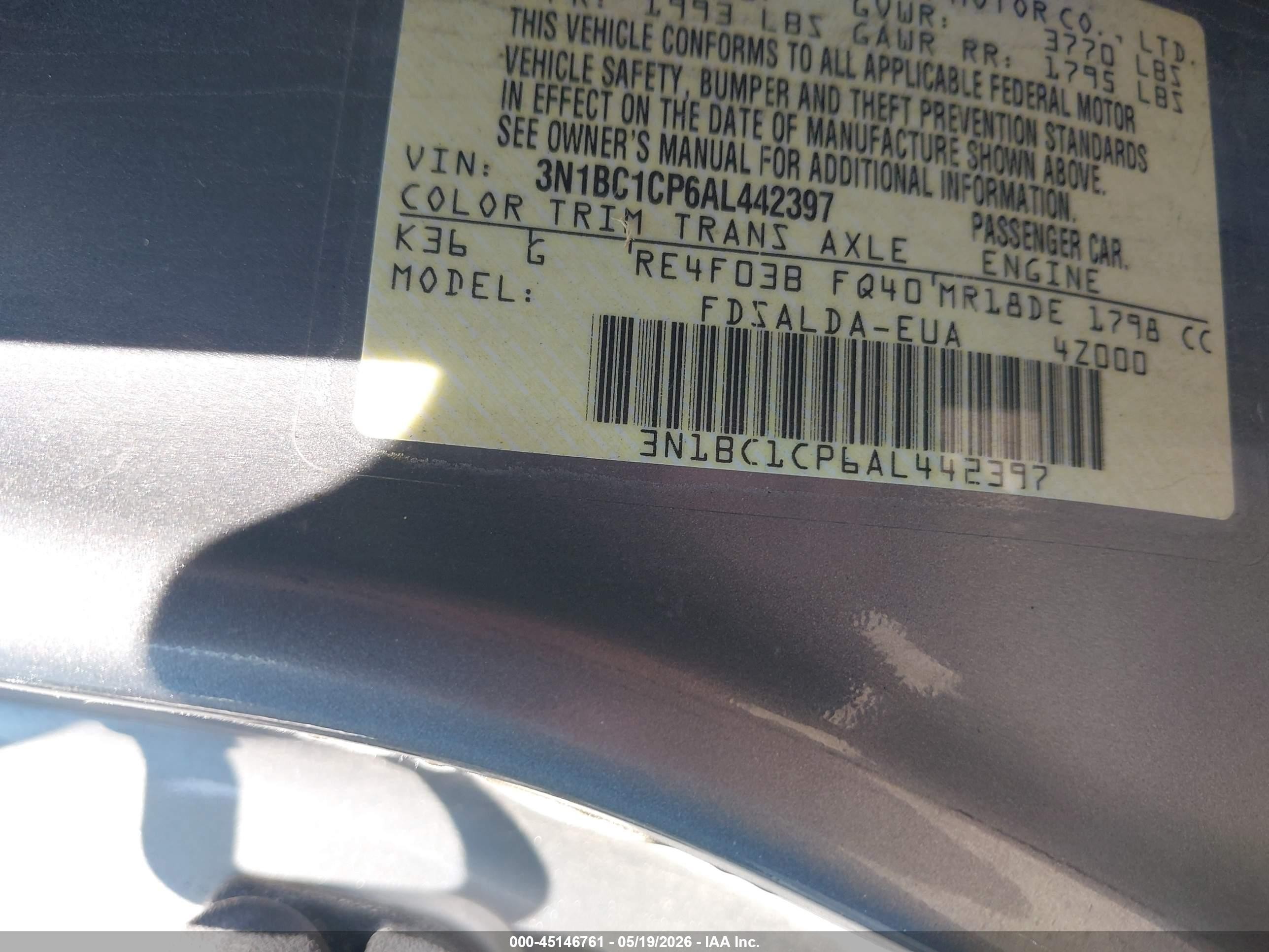 2010 Nissan Versa 1.8s Gray vin: 3N1BC1CP6AL442397