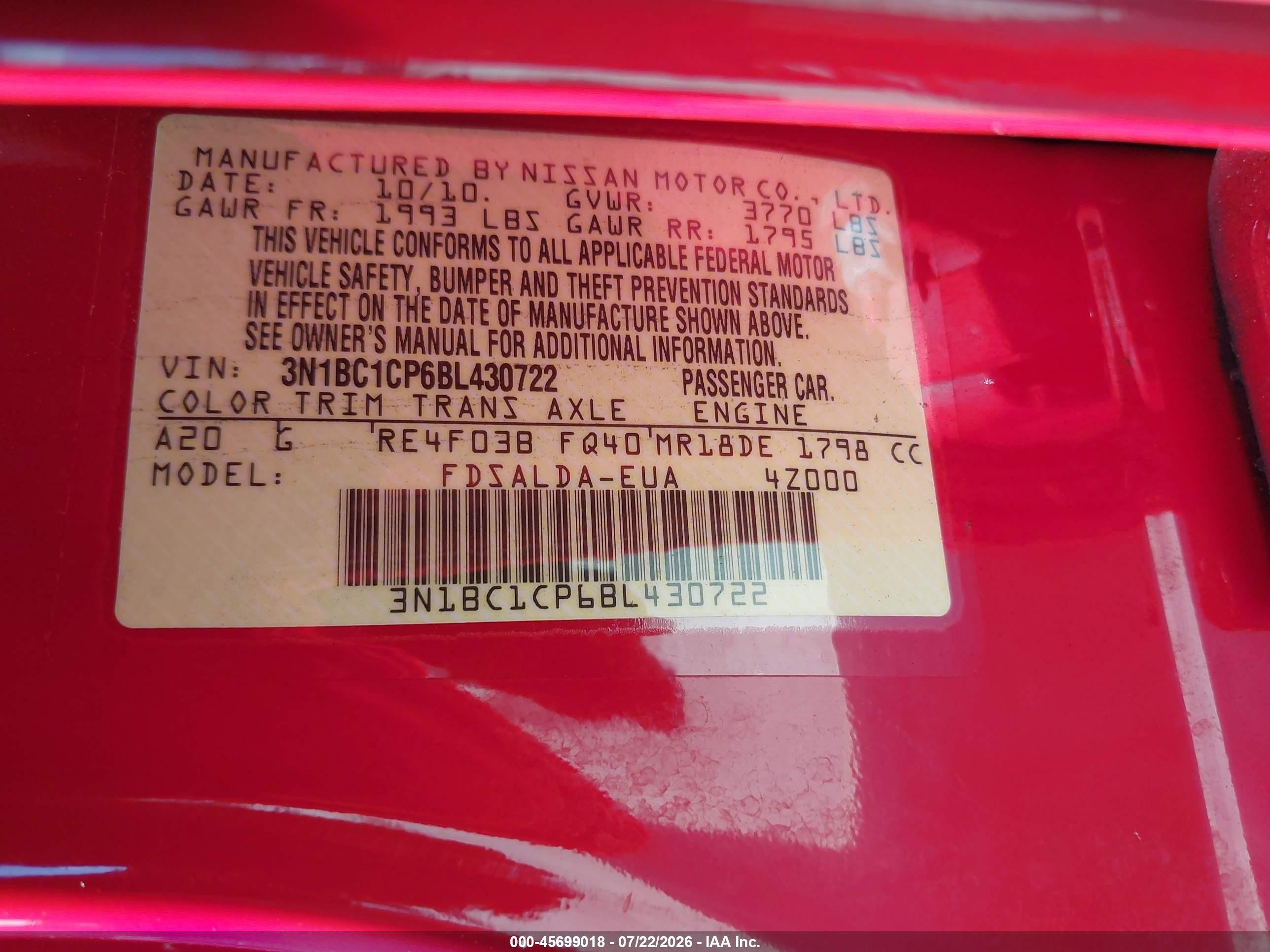 2011 Nissan Versa 1.8s Red vin: 3N1BC1CP6BL430722