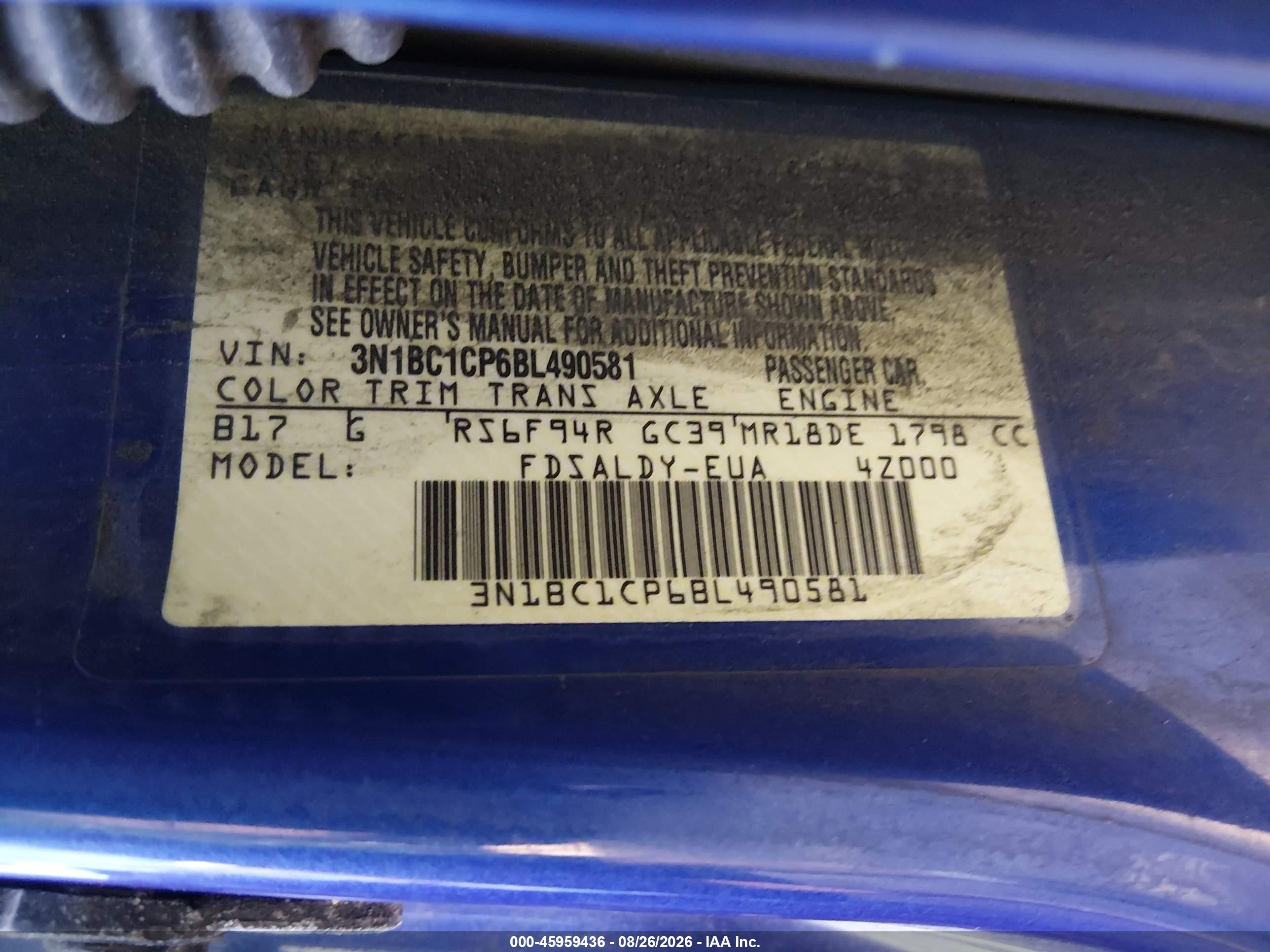 2011 Nissan Versa 1.8s Blue vin: 3N1BC1CP6BL490581