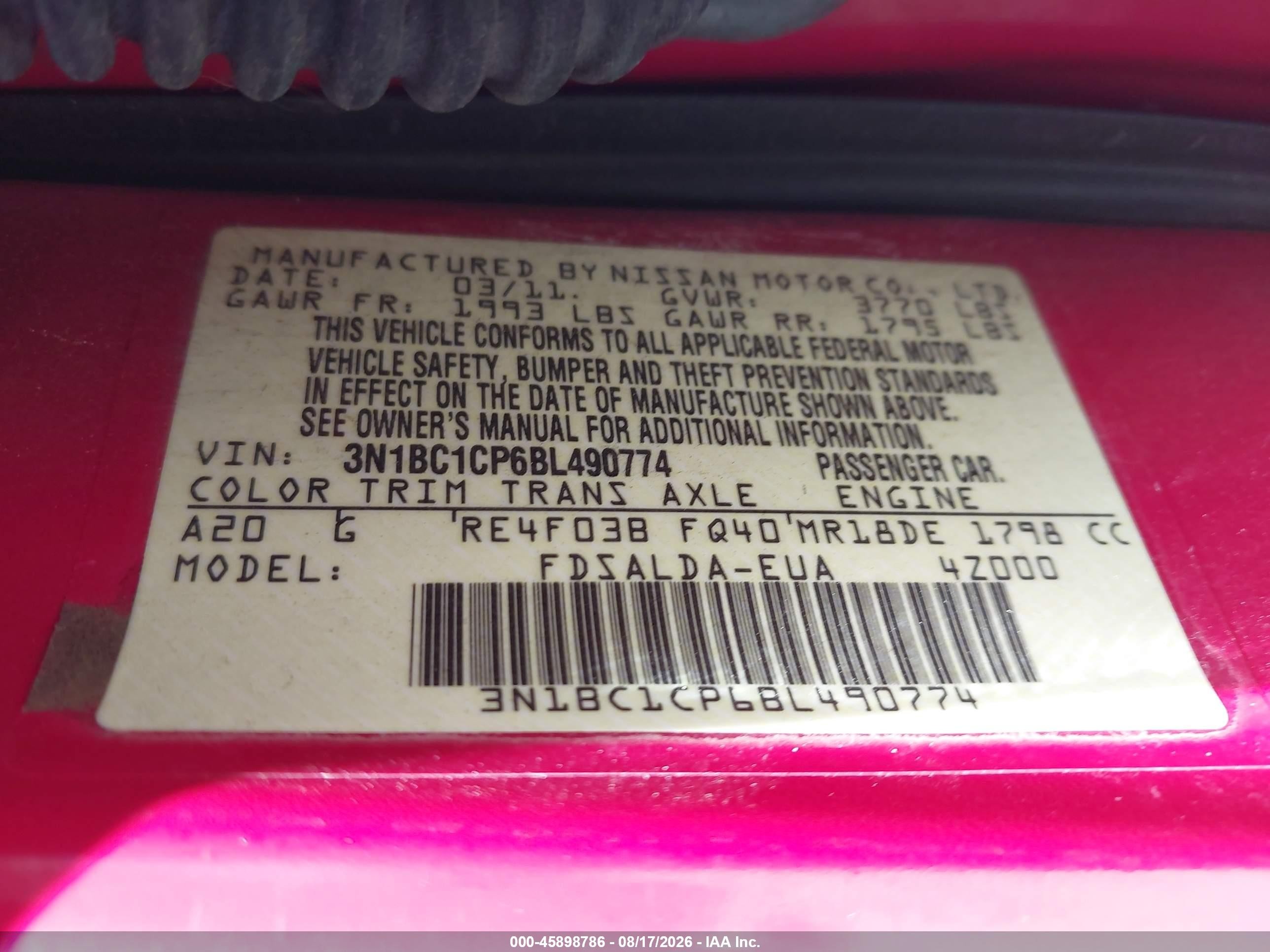 2011 Nissan Versa 1.8s Red vin: 3N1BC1CP6BL490774