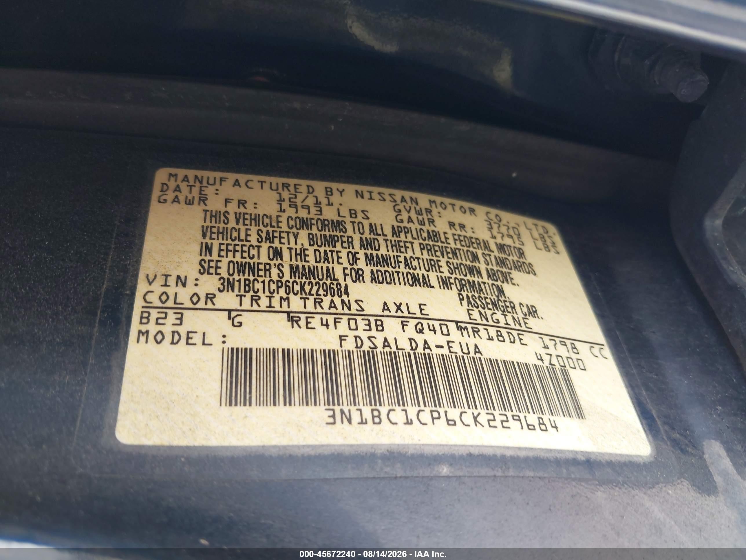 2012 Nissan Versa 1.8 S Blue vin: 3N1BC1CP6CK229684