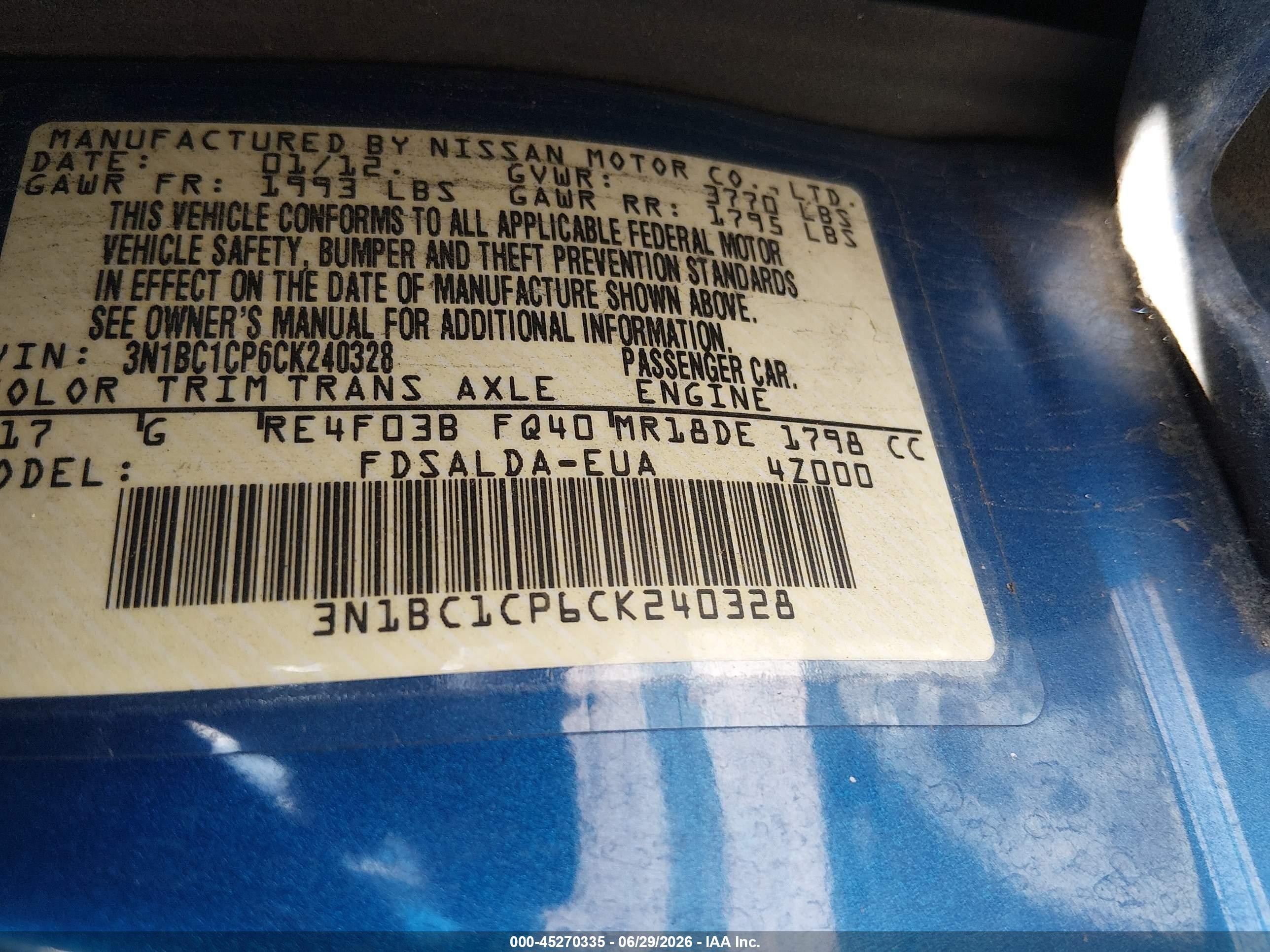 2012 Nissan Versa 1.8 S Blue vin: 3N1BC1CP6CK240328