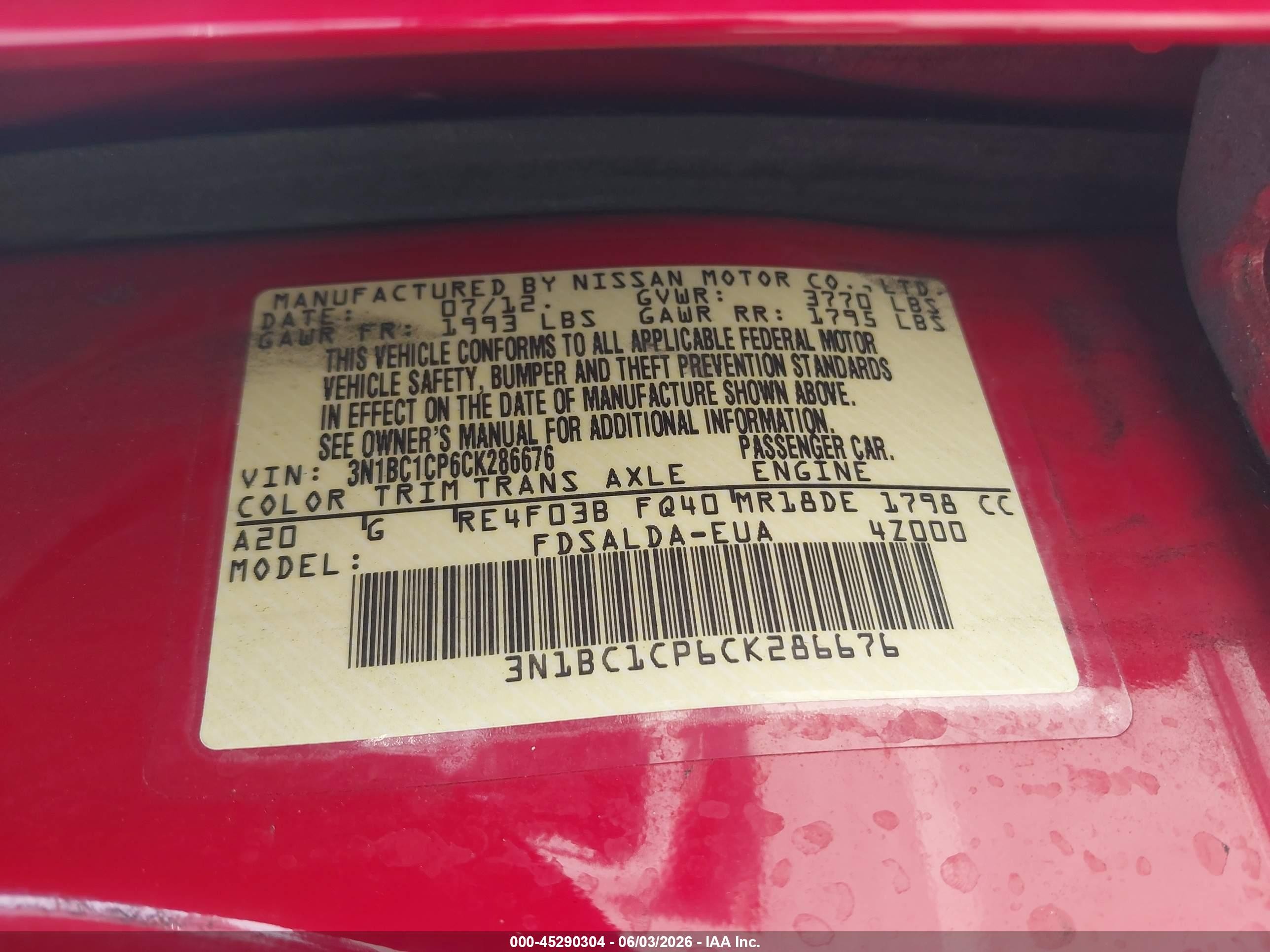 2012 Nissan Versa 1.8 S Red vin: 3N1BC1CP6CK286676