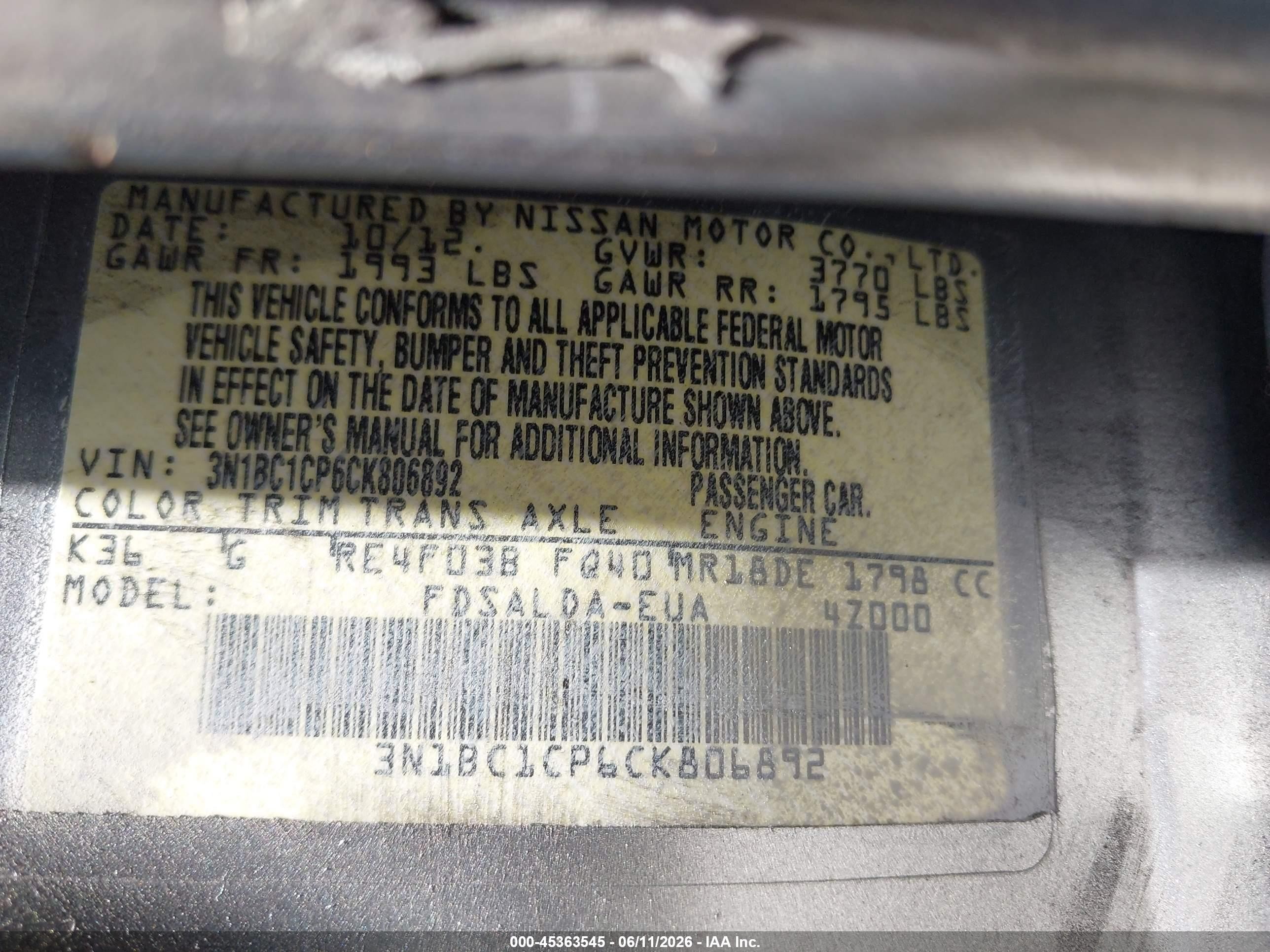 2012 Nissan Versa 1.8 S Gray vin: 3N1BC1CP6CK806892