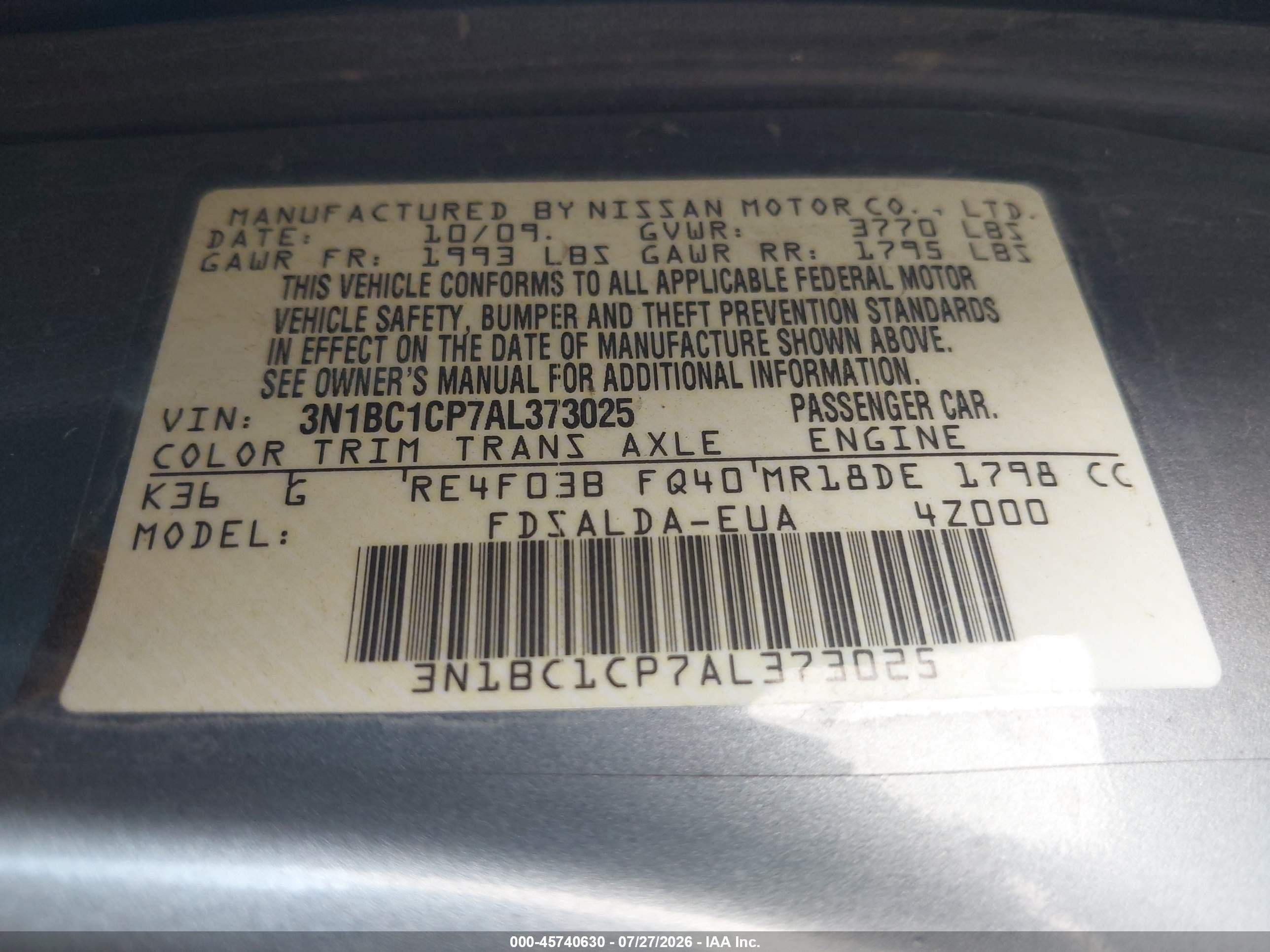 2010 Nissan Versa 1.8s Gray vin: 3N1BC1CP7AL373025