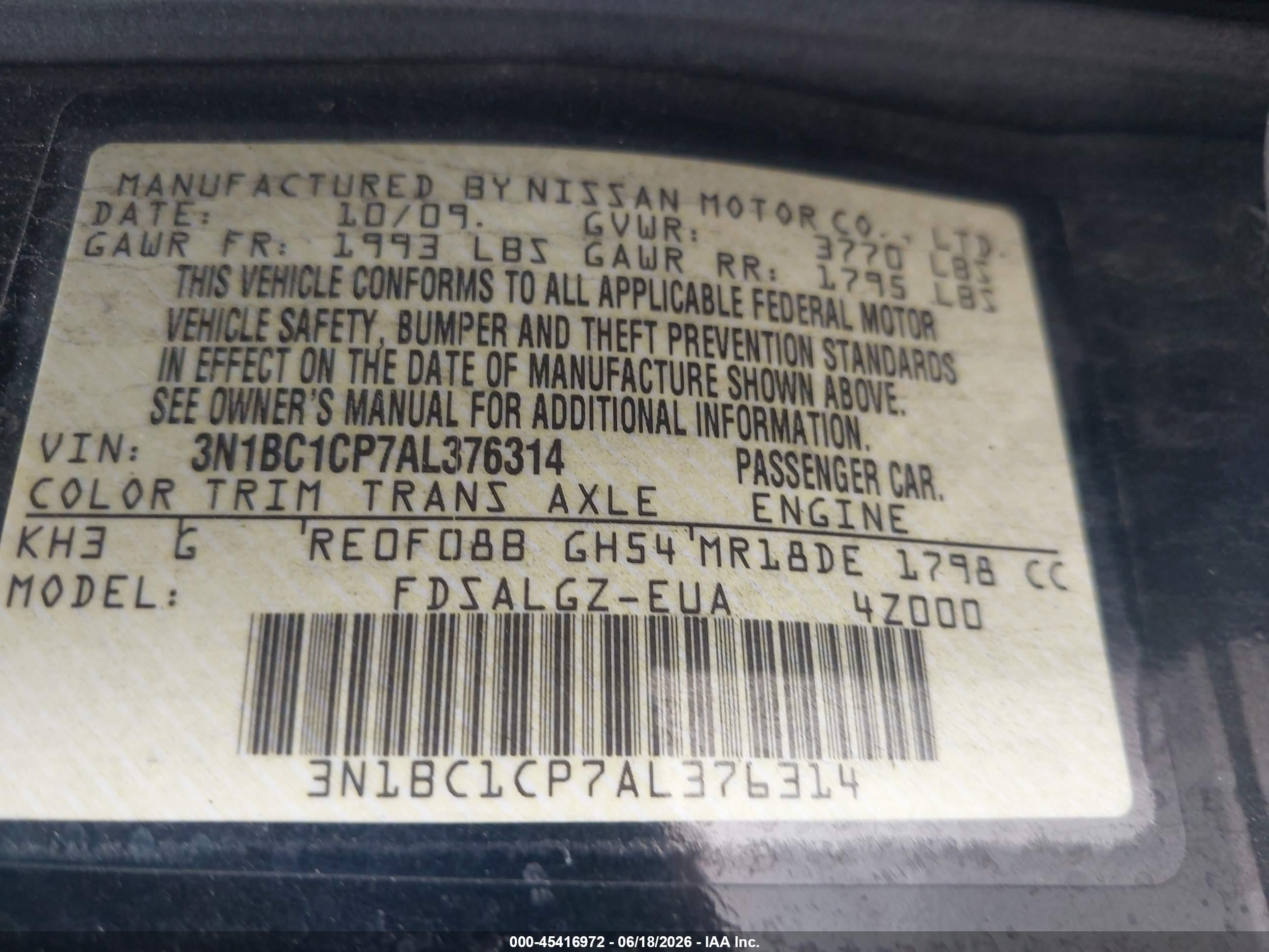 2010 Nissan Versa 1.8sl Black vin: 3N1BC1CP7AL376314