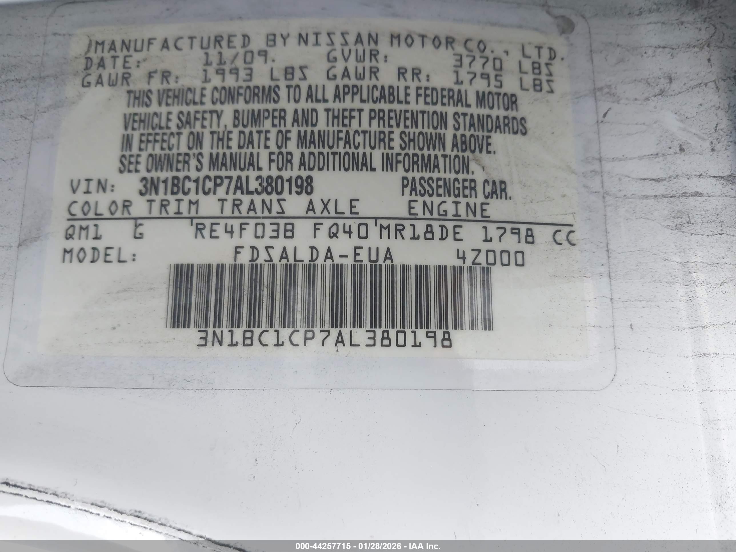 2010 Nissan Versa 1.8s Белый vin: 3N1BC1CP7AL380198