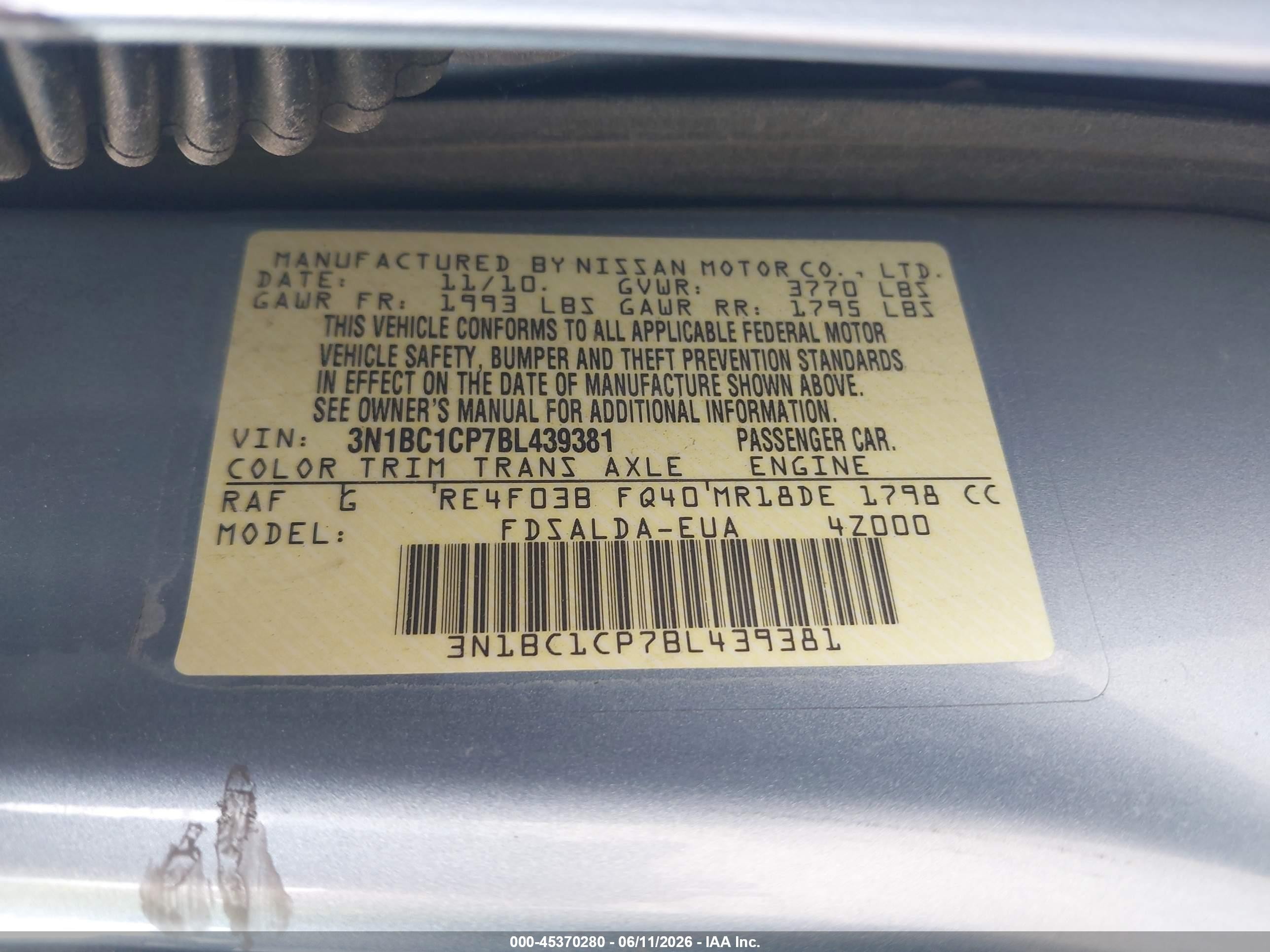 2011 Nissan Versa 1.8s Blue vin: 3N1BC1CP7BL439381