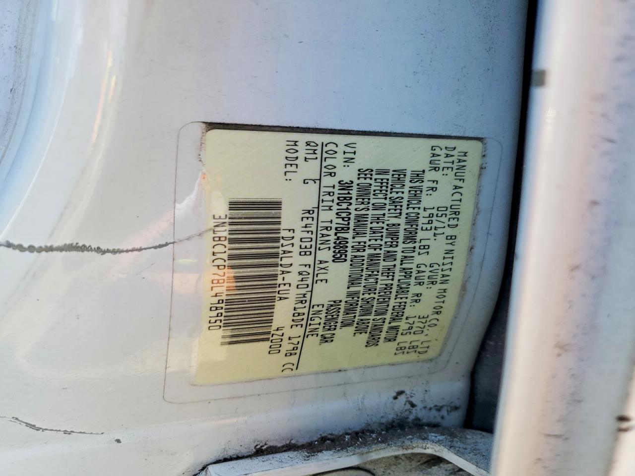 2011 Nissan Versa S/sl Белый vin: 3N1BC1CP7BL498950