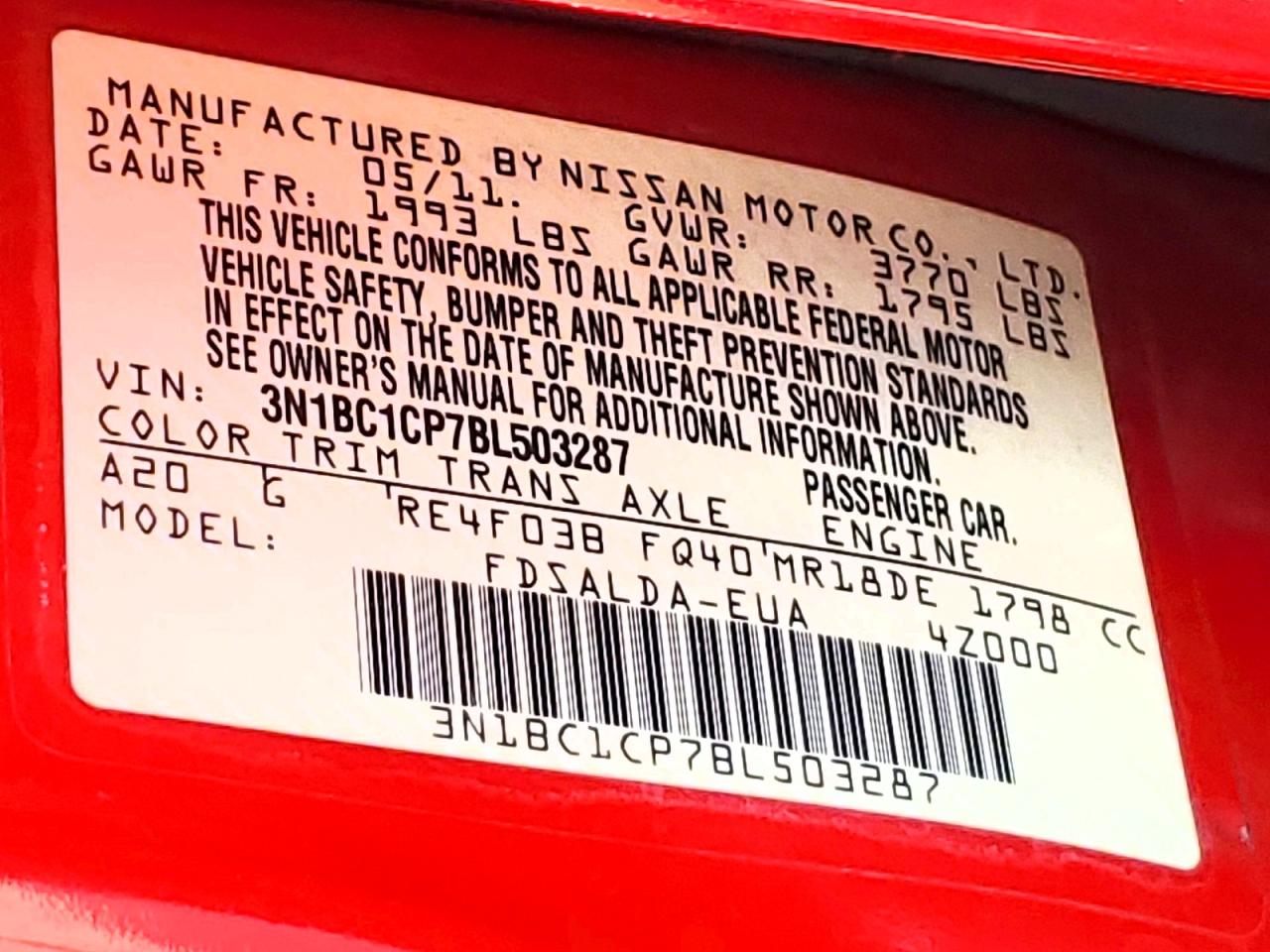 2011 Nissan Versa 1.8 S Red vin: 3N1BC1CP7BL503287