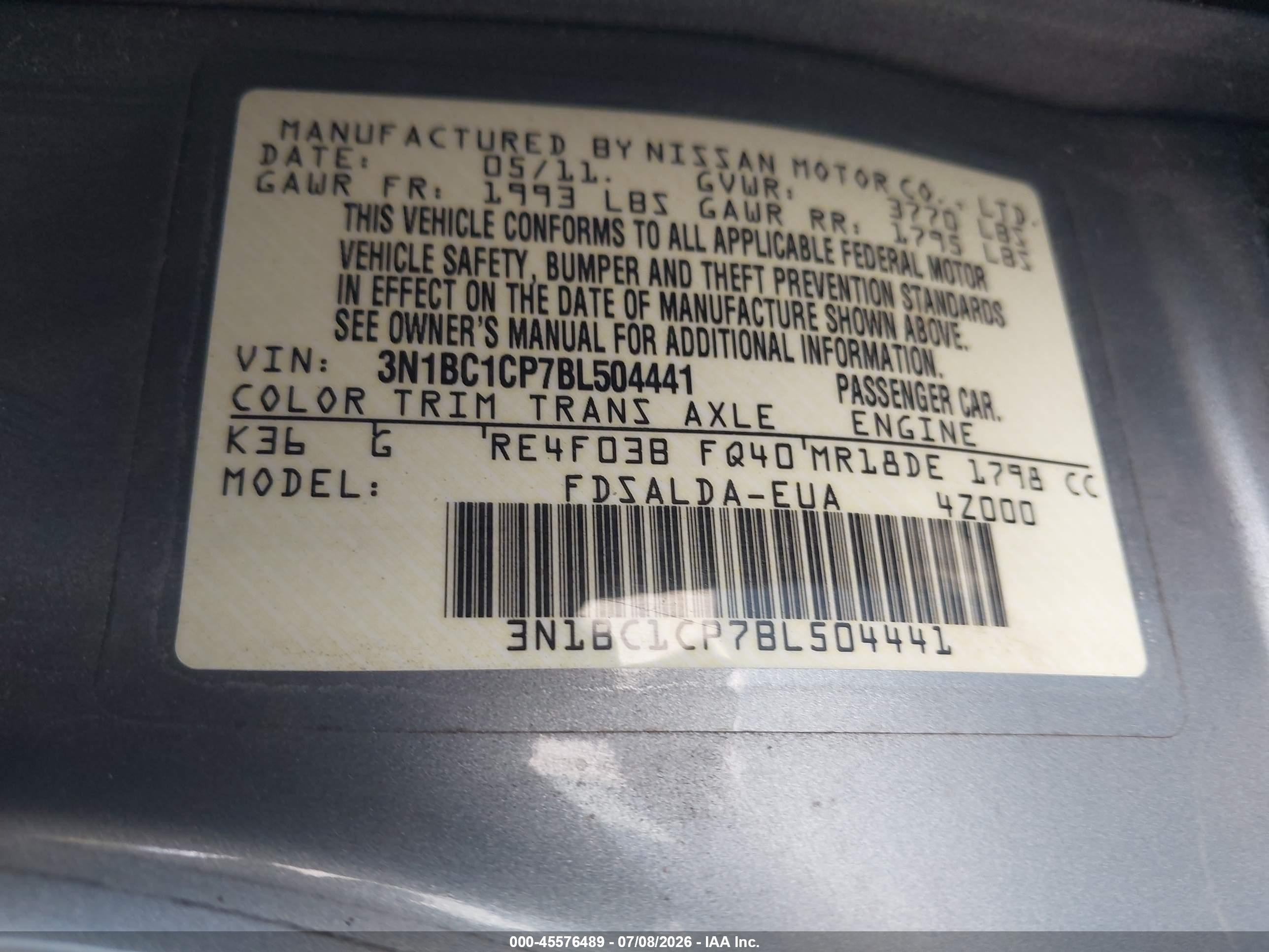 2011 Nissan Versa 1.8s Серый vin: 3N1BC1CP7BL504441
