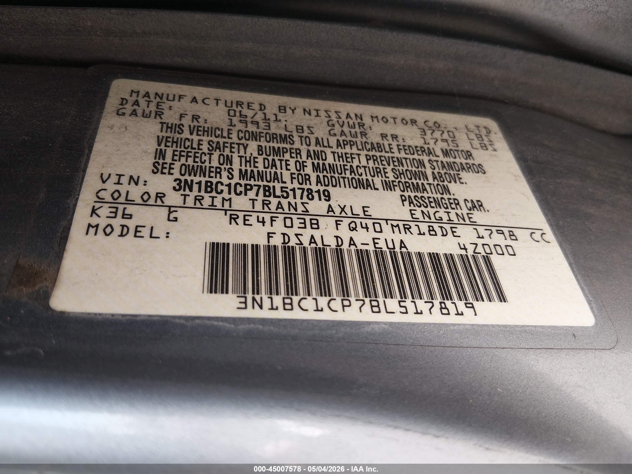 2011 Nissan Versa 1.8s Gray vin: 3N1BC1CP7BL517819
