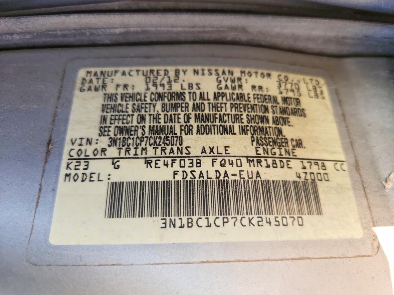 2012 Nissan Versa 1.8 S Серебряный vin: 3N1BC1CP7CK245070