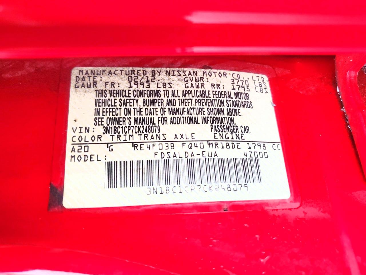 2012 Nissan Versa 1.8 S Red vin: 3N1BC1CP7CK248079