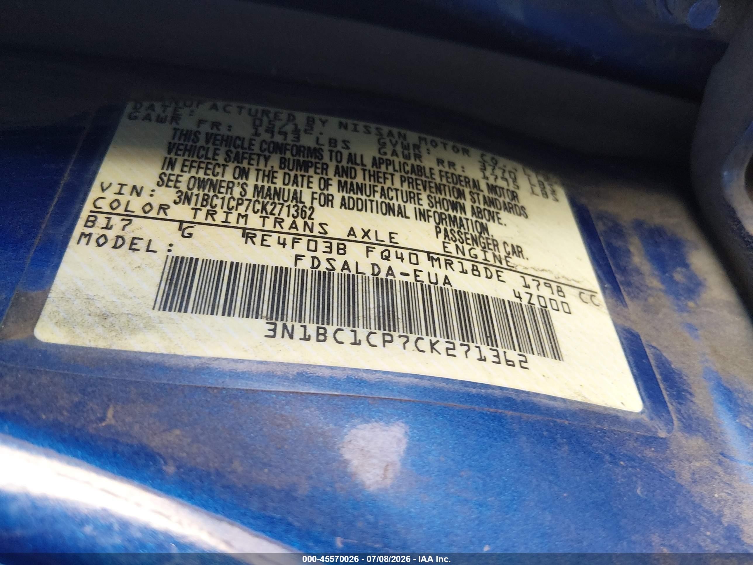 2012 Nissan Versa 1.8 S Blue vin: 3N1BC1CP7CK271362