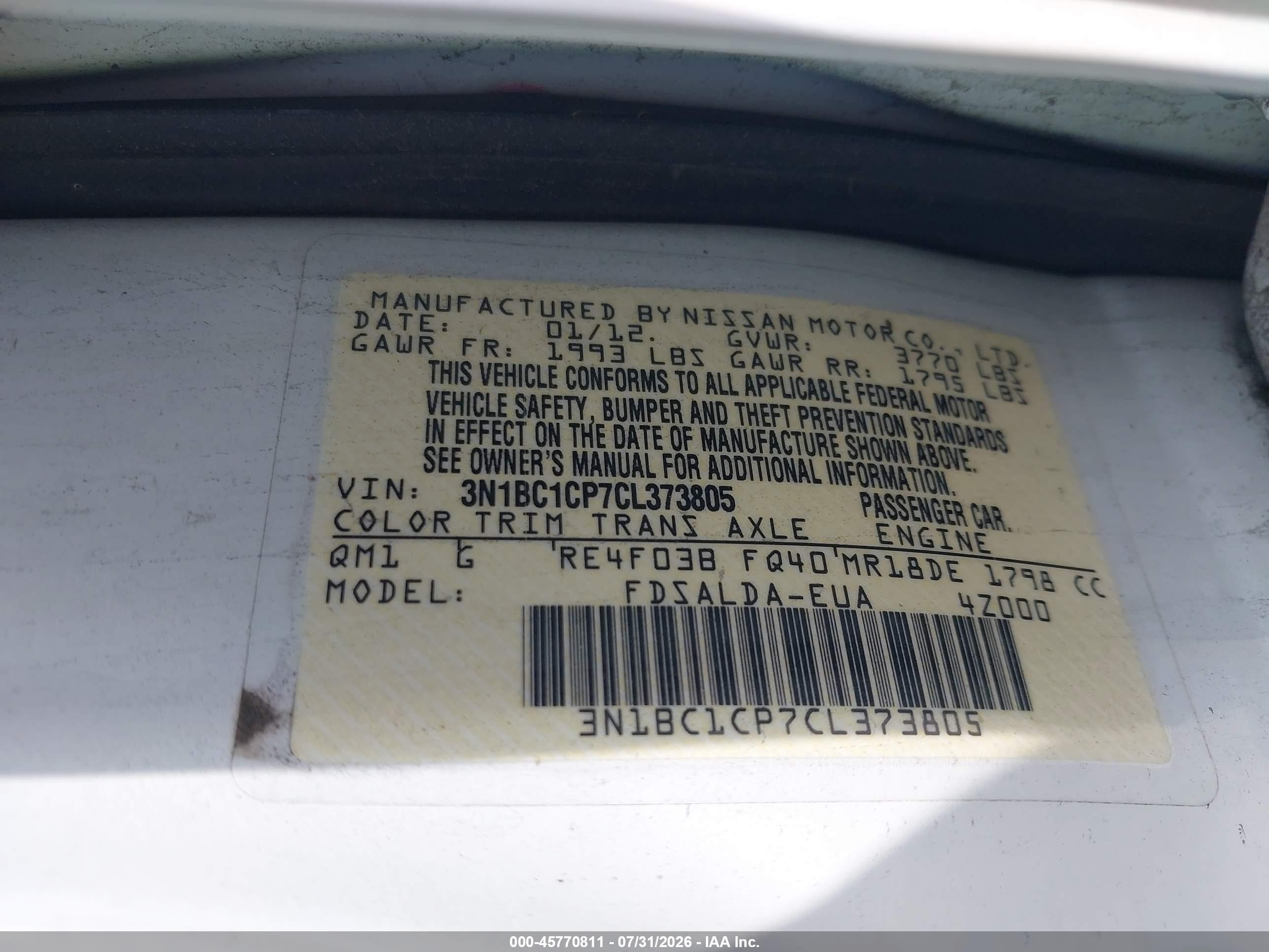 2012 Nissan Versa 1.8 S White vin: 3N1BC1CP7CL373805
