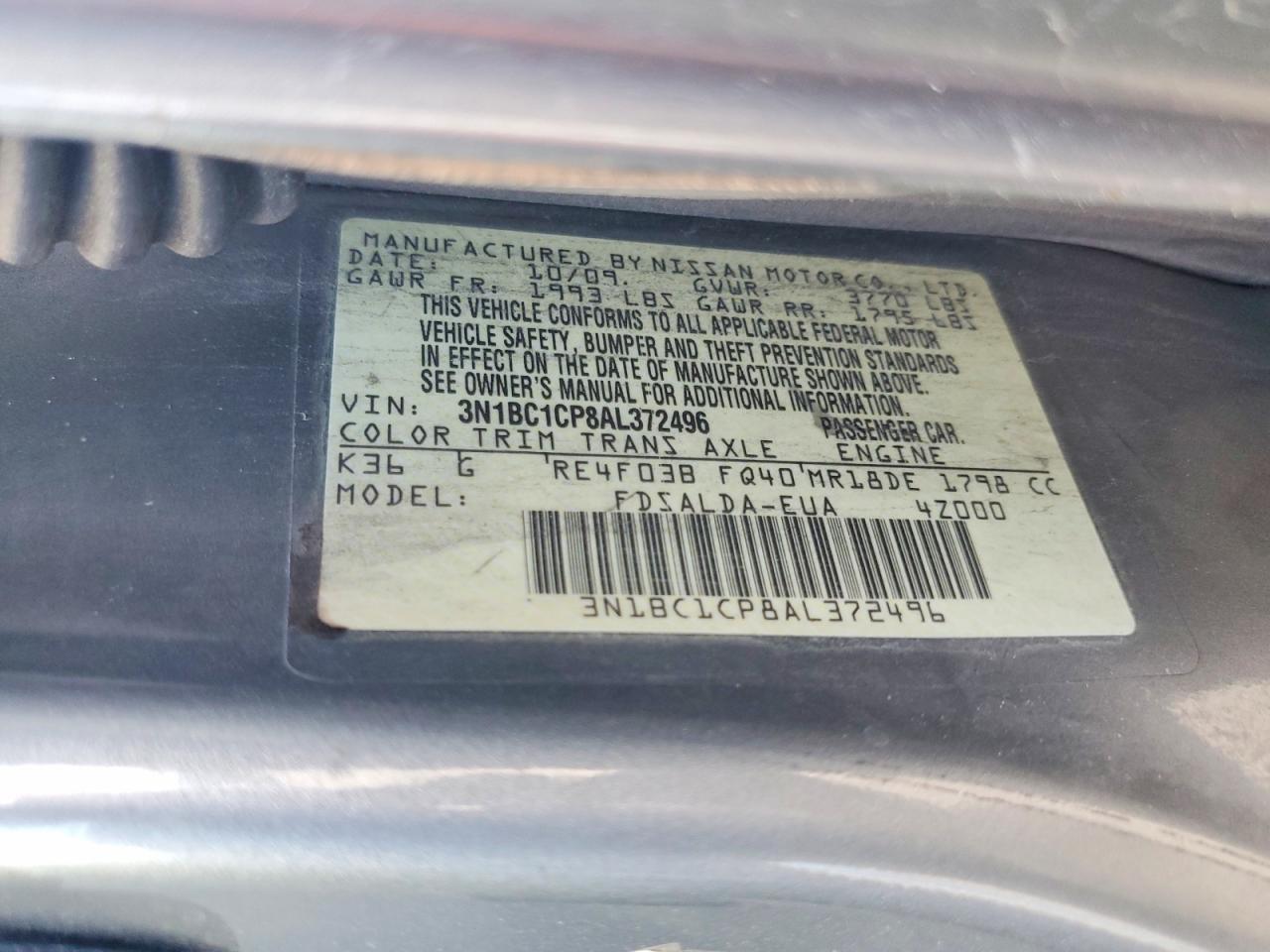 2010 Nissan Versa 1.8 S Silver vin: 3N1BC1CP8AL372496