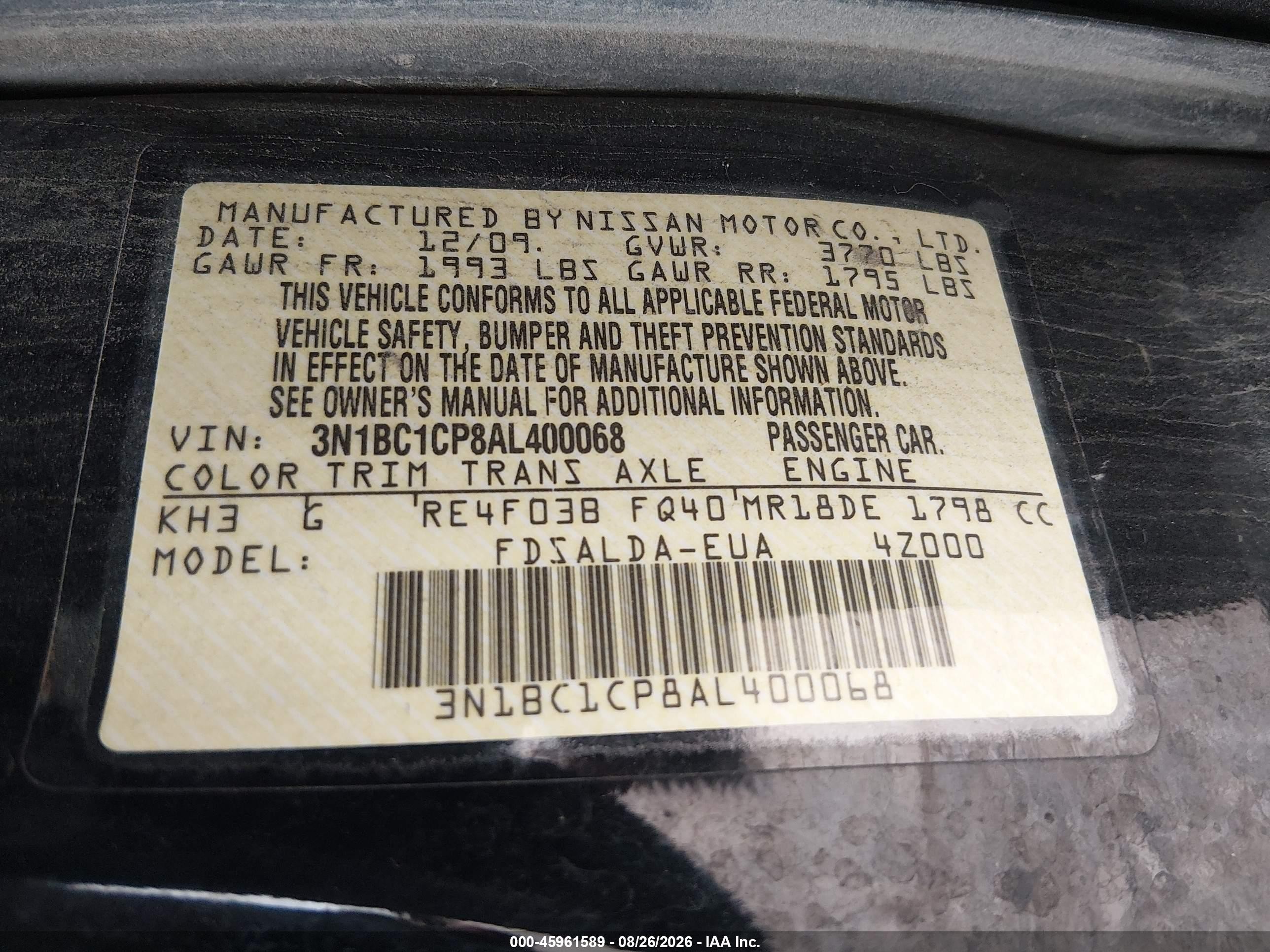 2010 Nissan Versa 1.8s Черный vin: 3N1BC1CP8AL400068