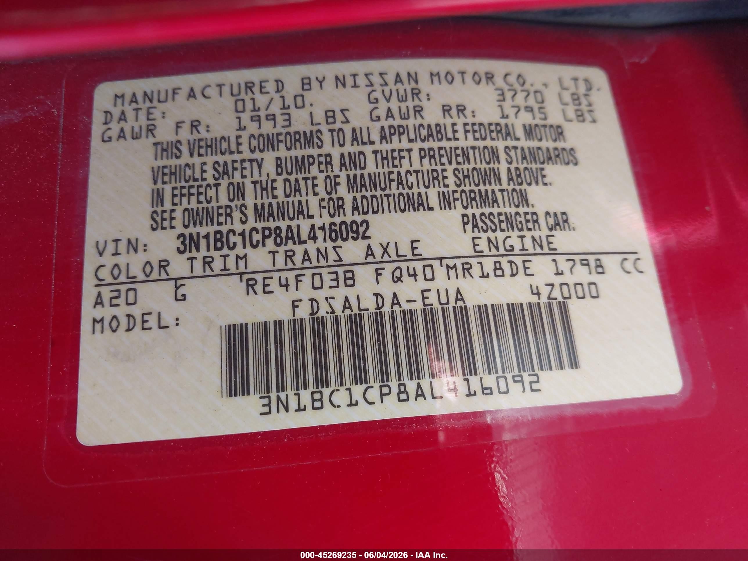 2010 Nissan Versa 1.8s Red vin: 3N1BC1CP8AL416092