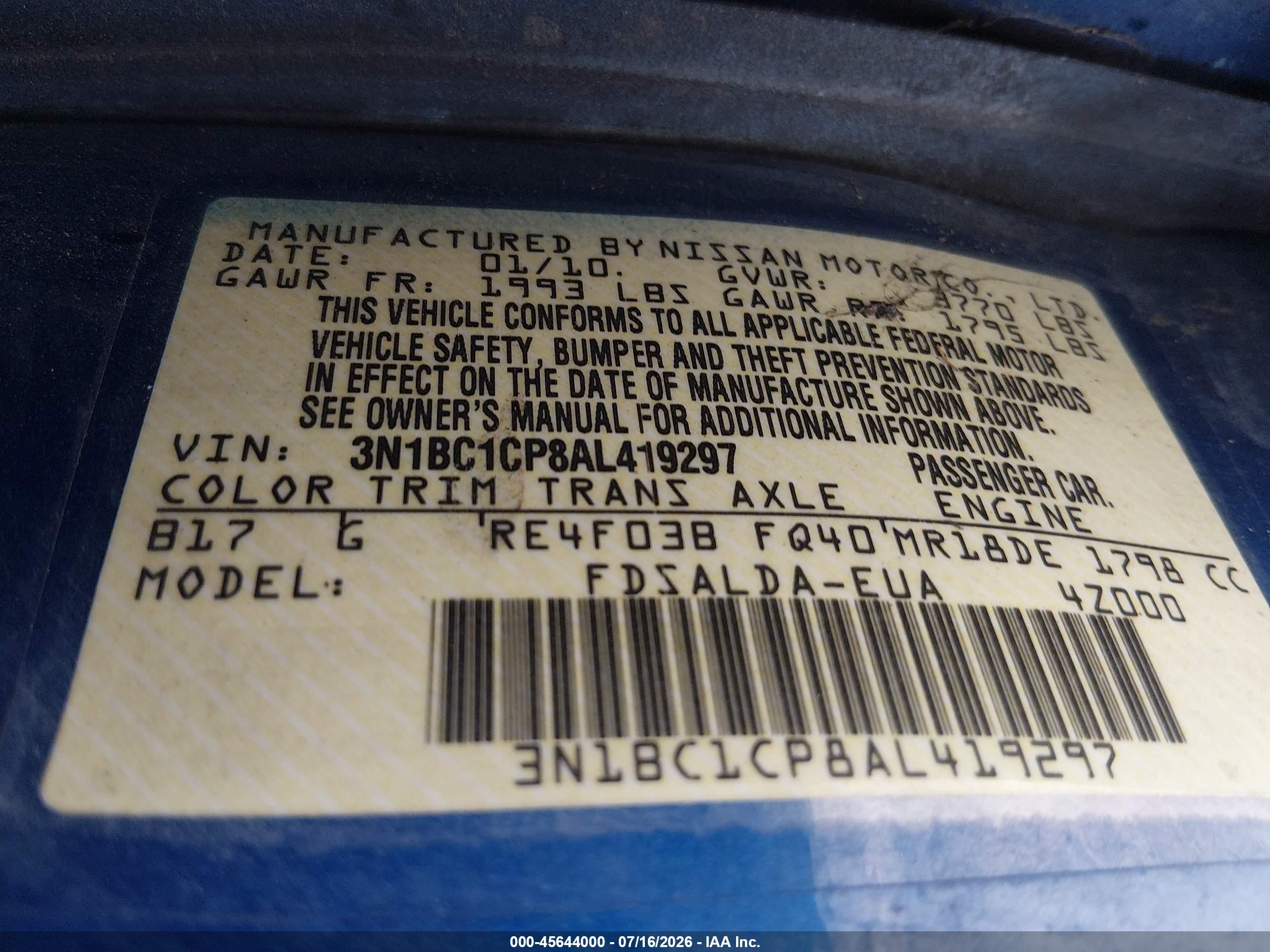 2010 Nissan Versa 1.8s Blue vin: 3N1BC1CP8AL419297