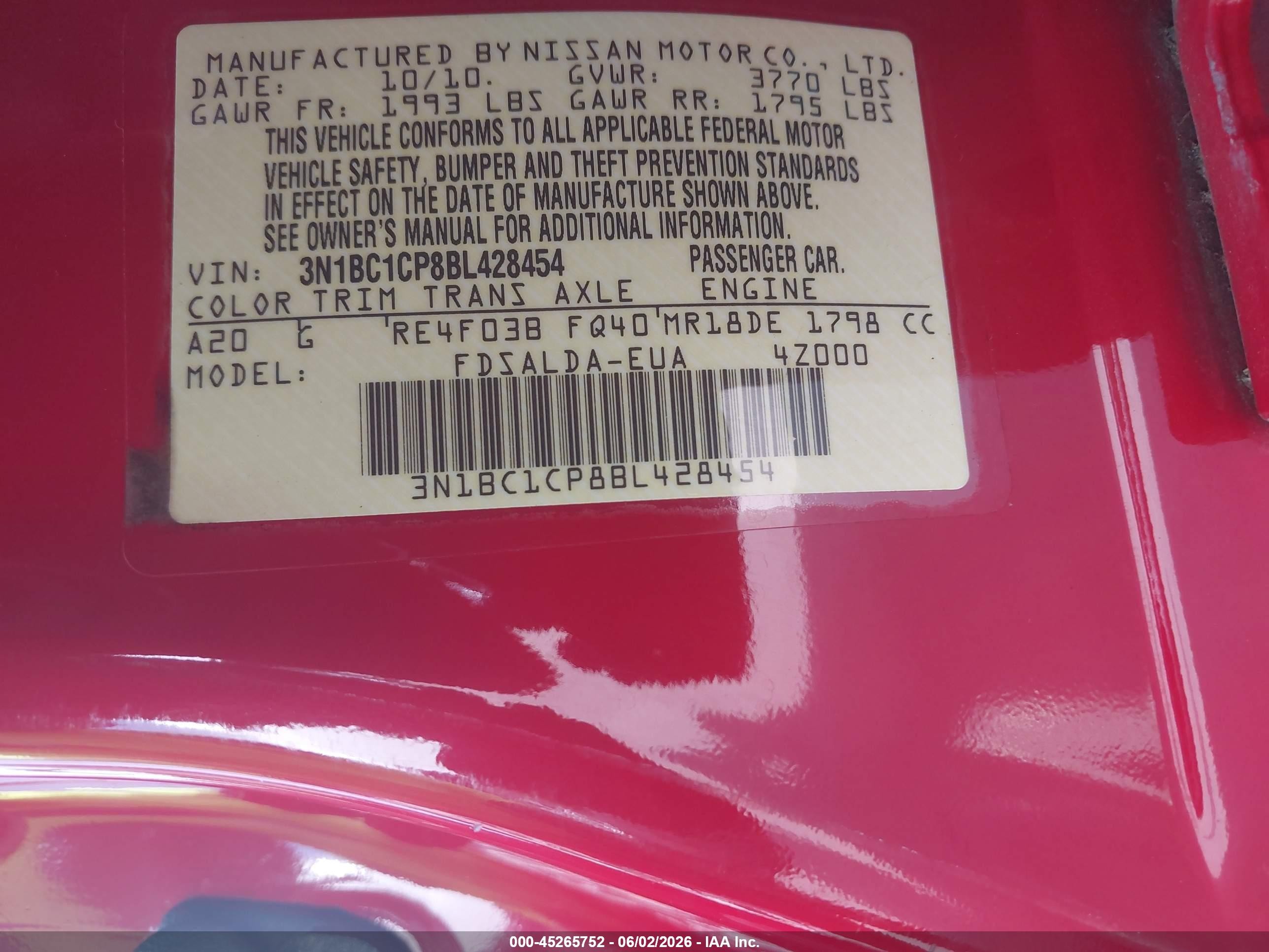 2011 Nissan Versa 1.8s Red vin: 3N1BC1CP8BL428454