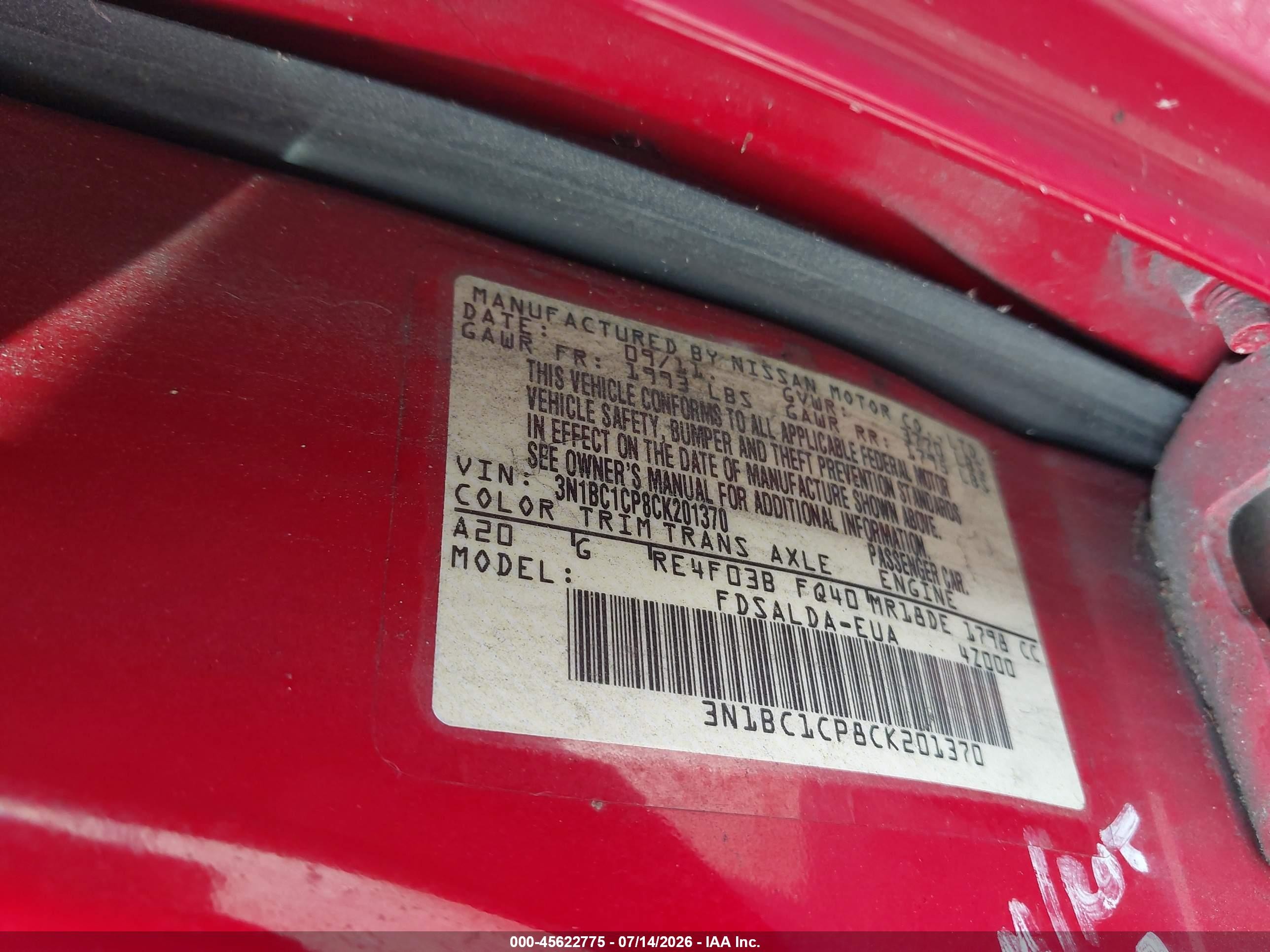 2012 Nissan Versa 1.8 S Red vin: 3N1BC1CP8CK201370