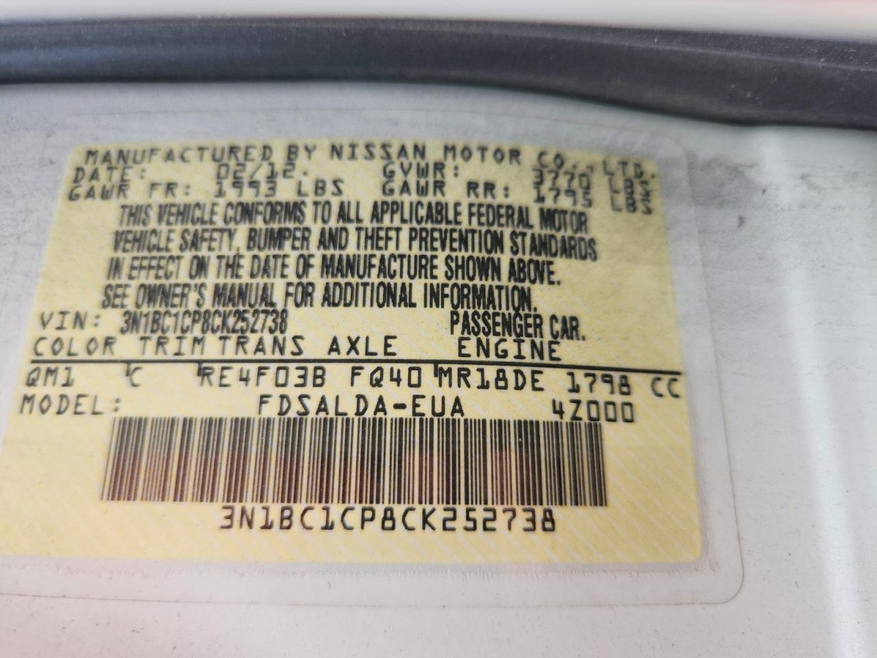 2012 Nissan Versa 1.8 S White vin: 3N1BC1CP8CK252738