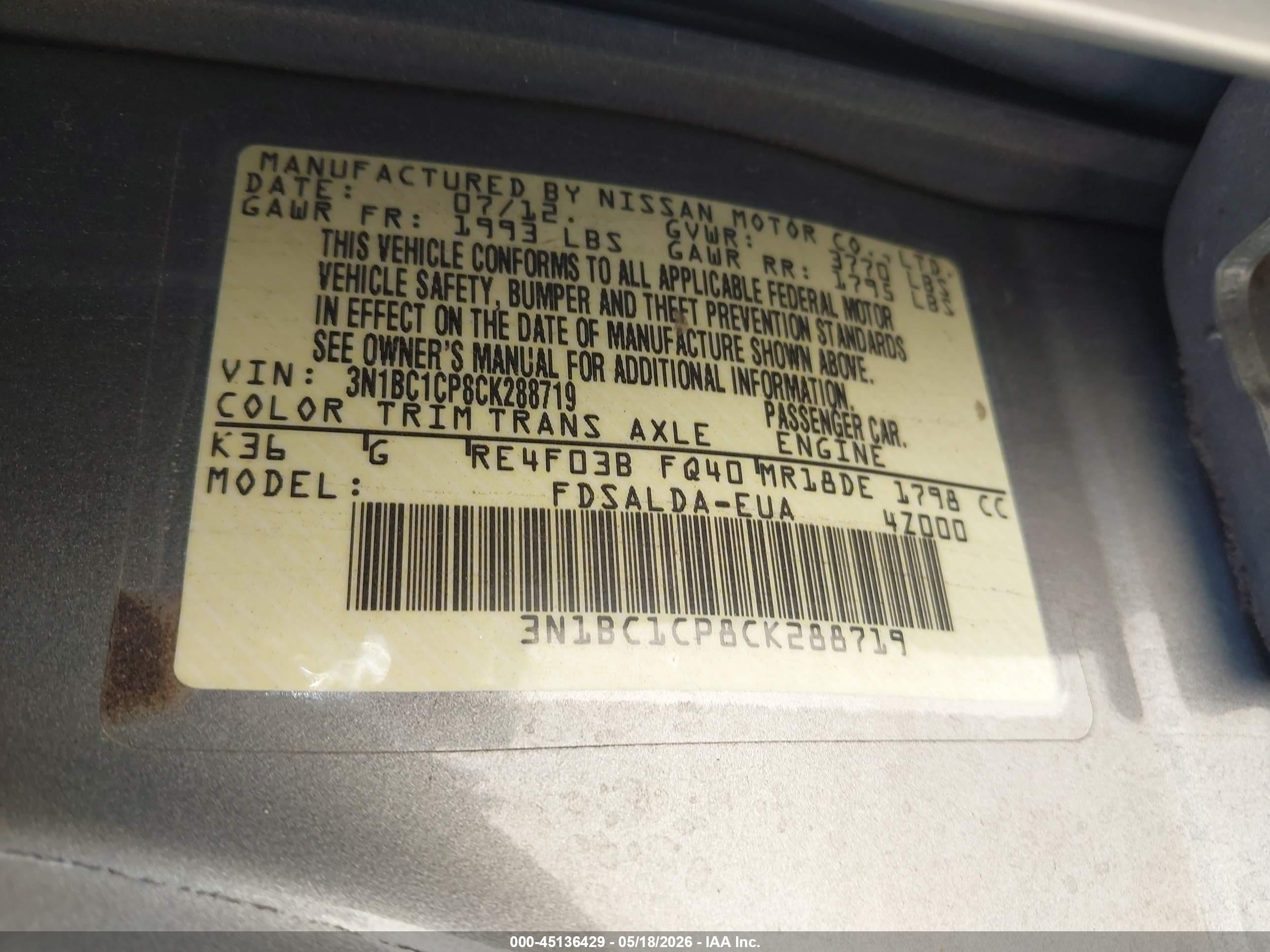 2012 Nissan Versa 1.8 S Gray vin: 3N1BC1CP8CK288719