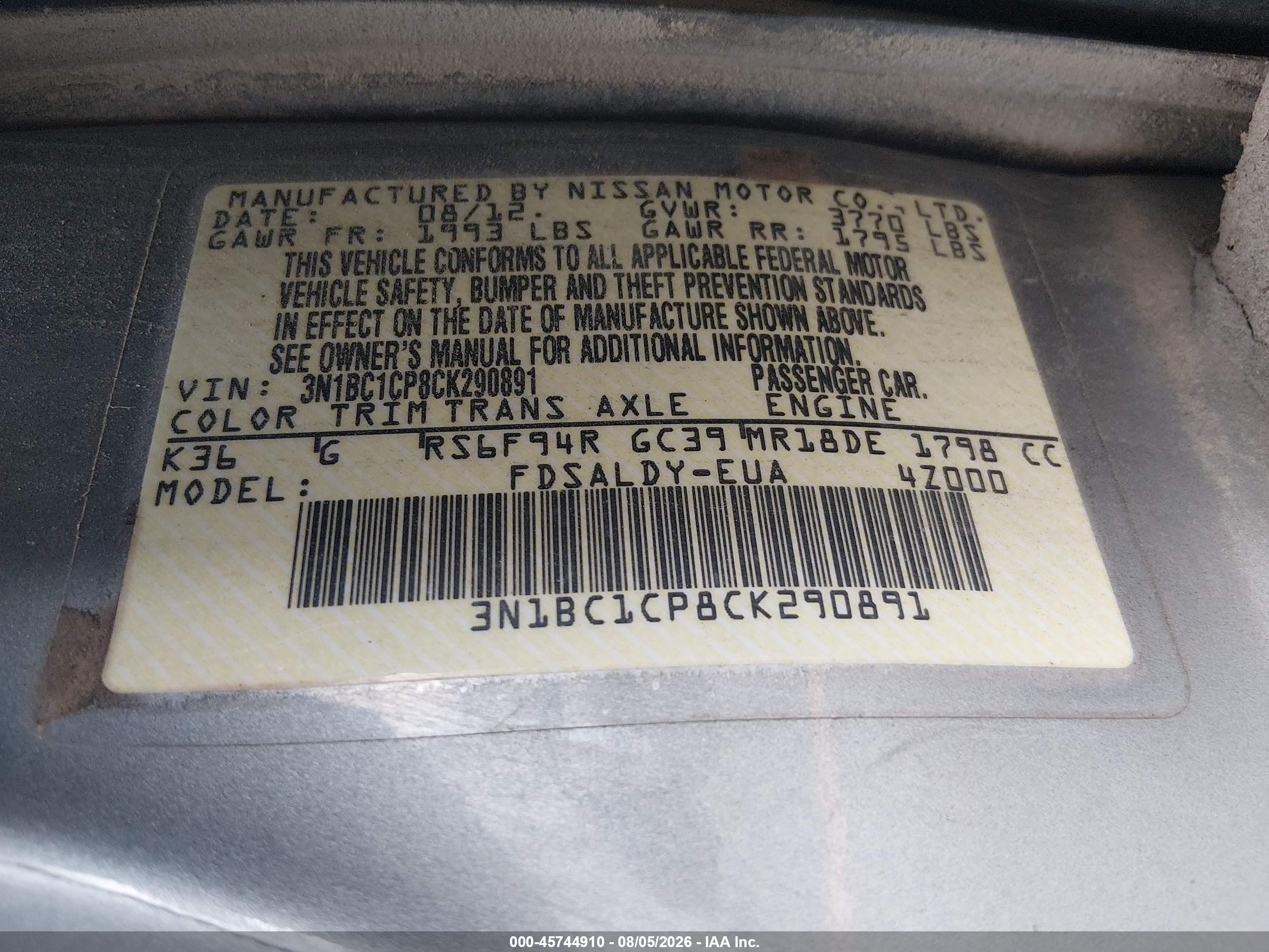 2012 Nissan Versa 1.8 S Gray vin: 3N1BC1CP8CK290891