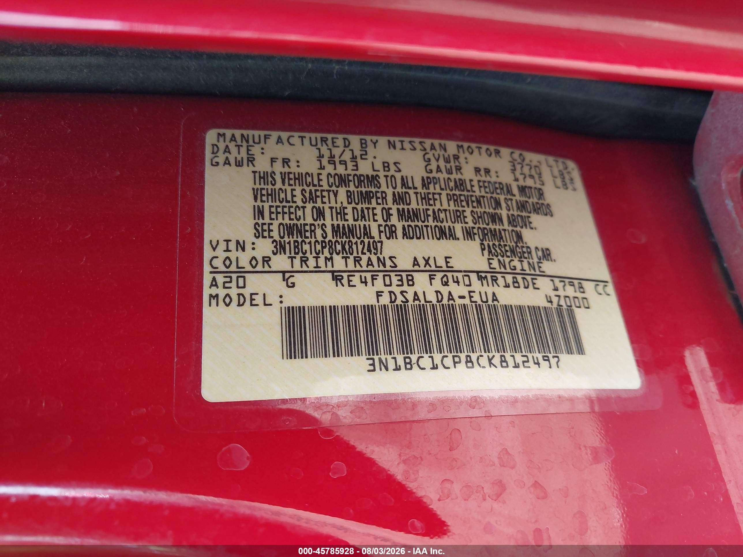 2012 Nissan Versa 1.8 S Red vin: 3N1BC1CP8CK812497
