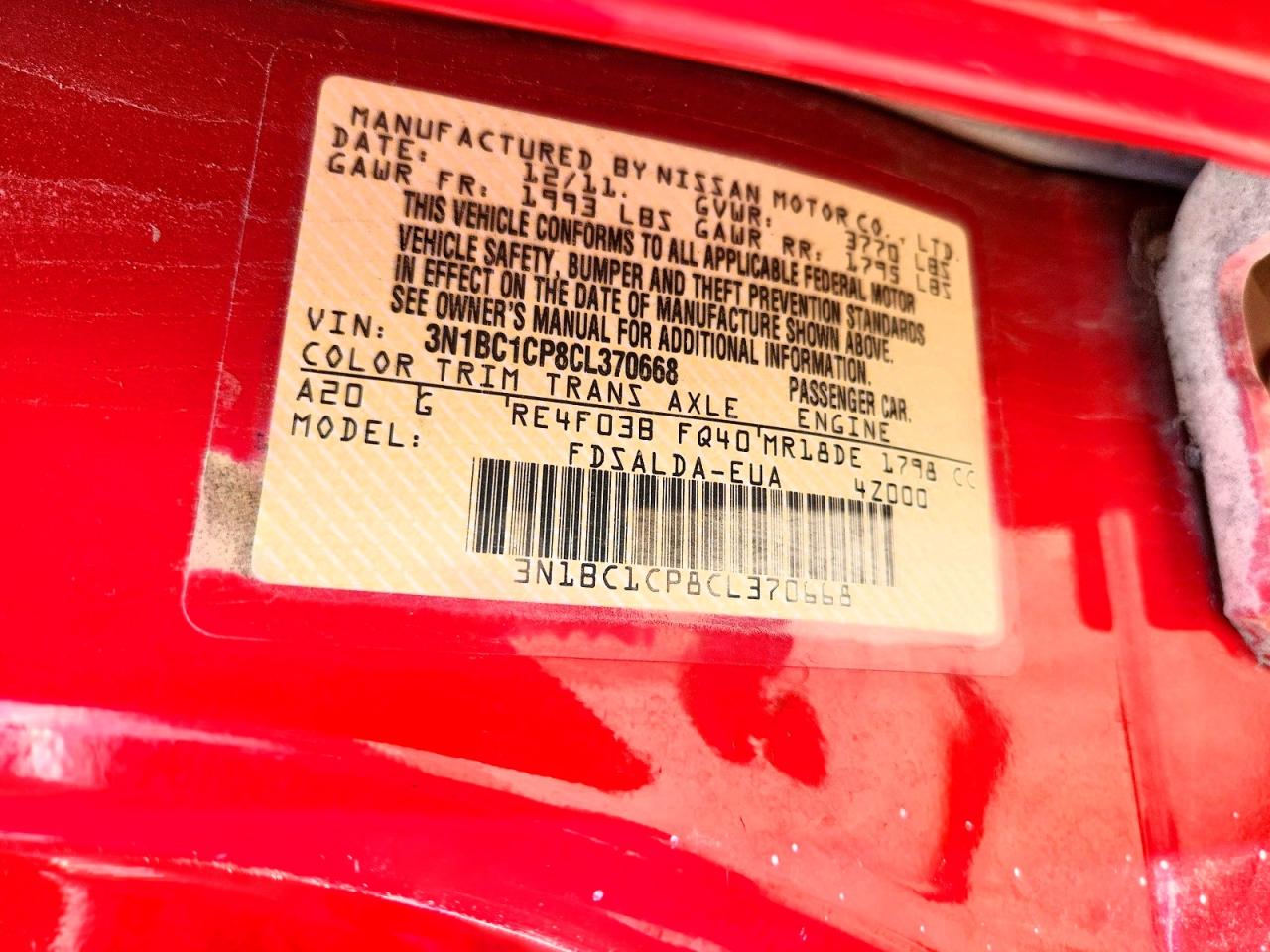 2012 Nissan Versa 1.8 S Red vin: 3N1BC1CP8CL370668