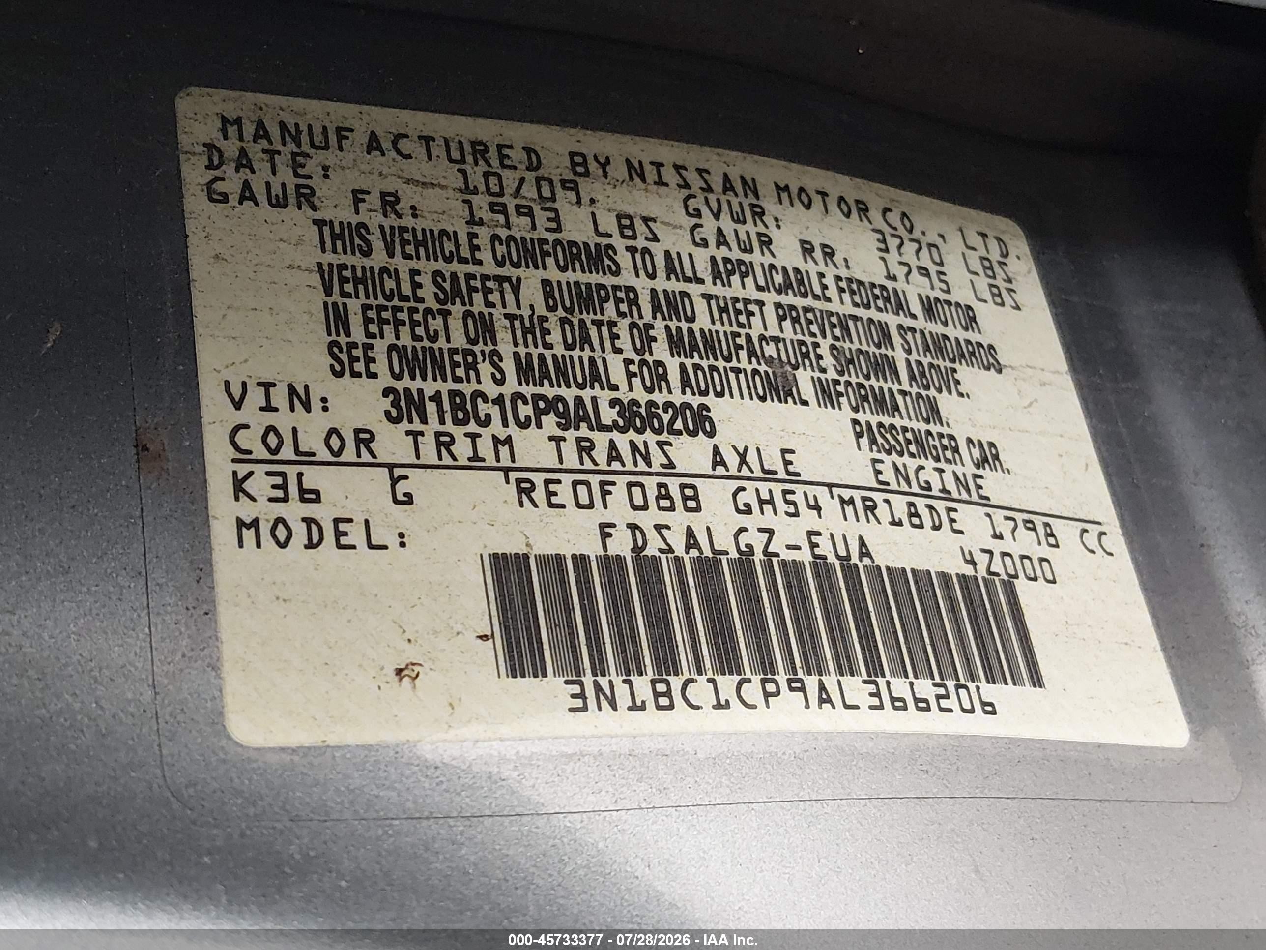 2010 Nissan Versa 1.8sl Silver vin: 3N1BC1CP9AL366206