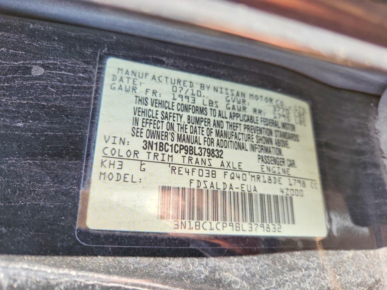 2011 Nissan Versa 1.8 S Black vin: 3N1BC1CP9BL379832