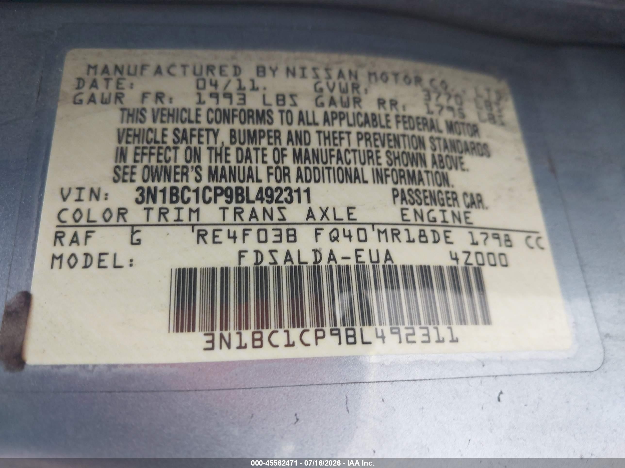 2011 Nissan Versa 1.8s Blue vin: 3N1BC1CP9BL492311