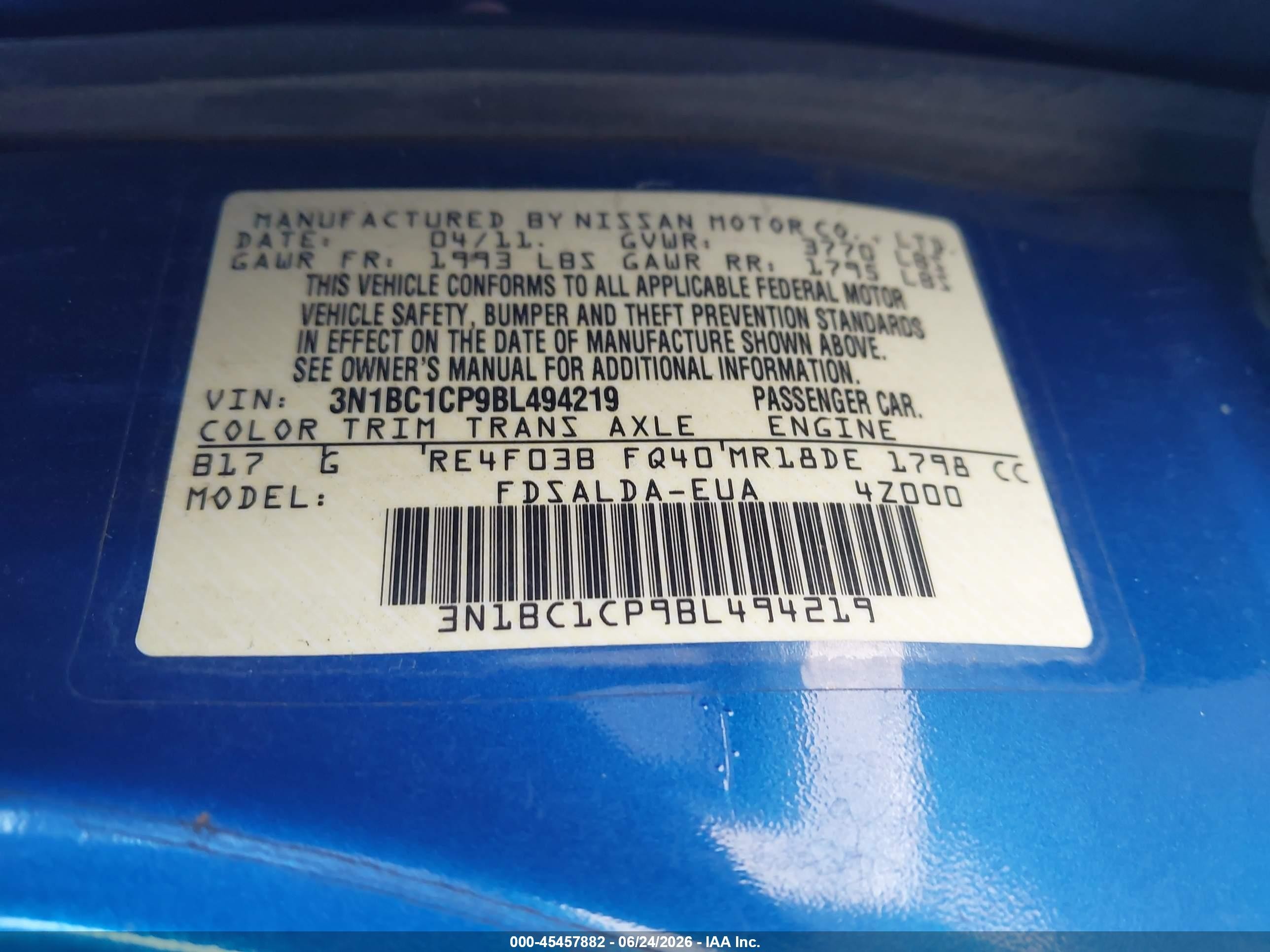 2011 Nissan Versa 1.8s Blue vin: 3N1BC1CP9BL494219