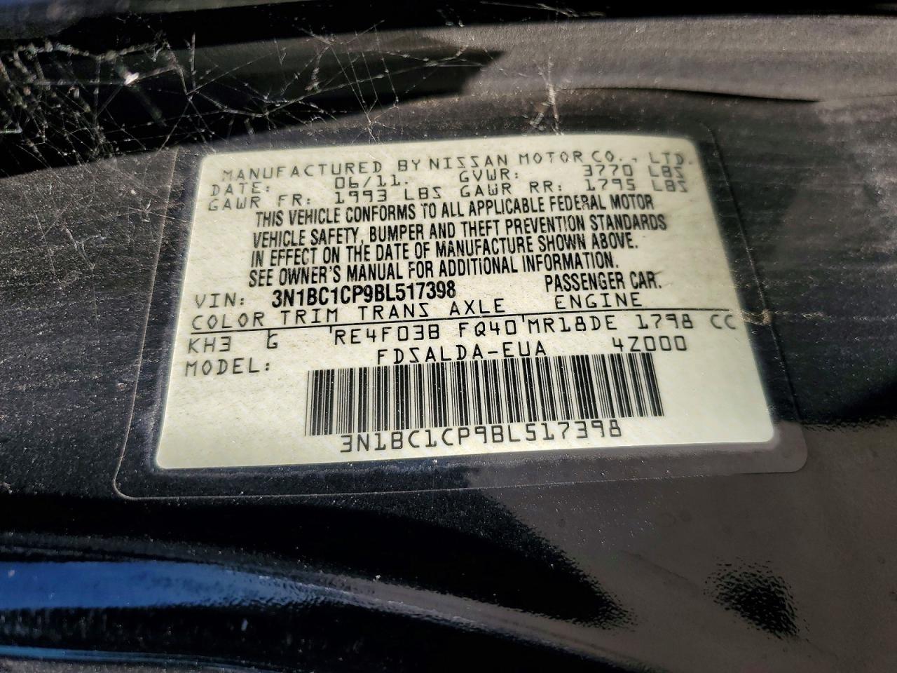 2011 Nissan Versa 1.8 S Черный vin: 3N1BC1CP9BL517398