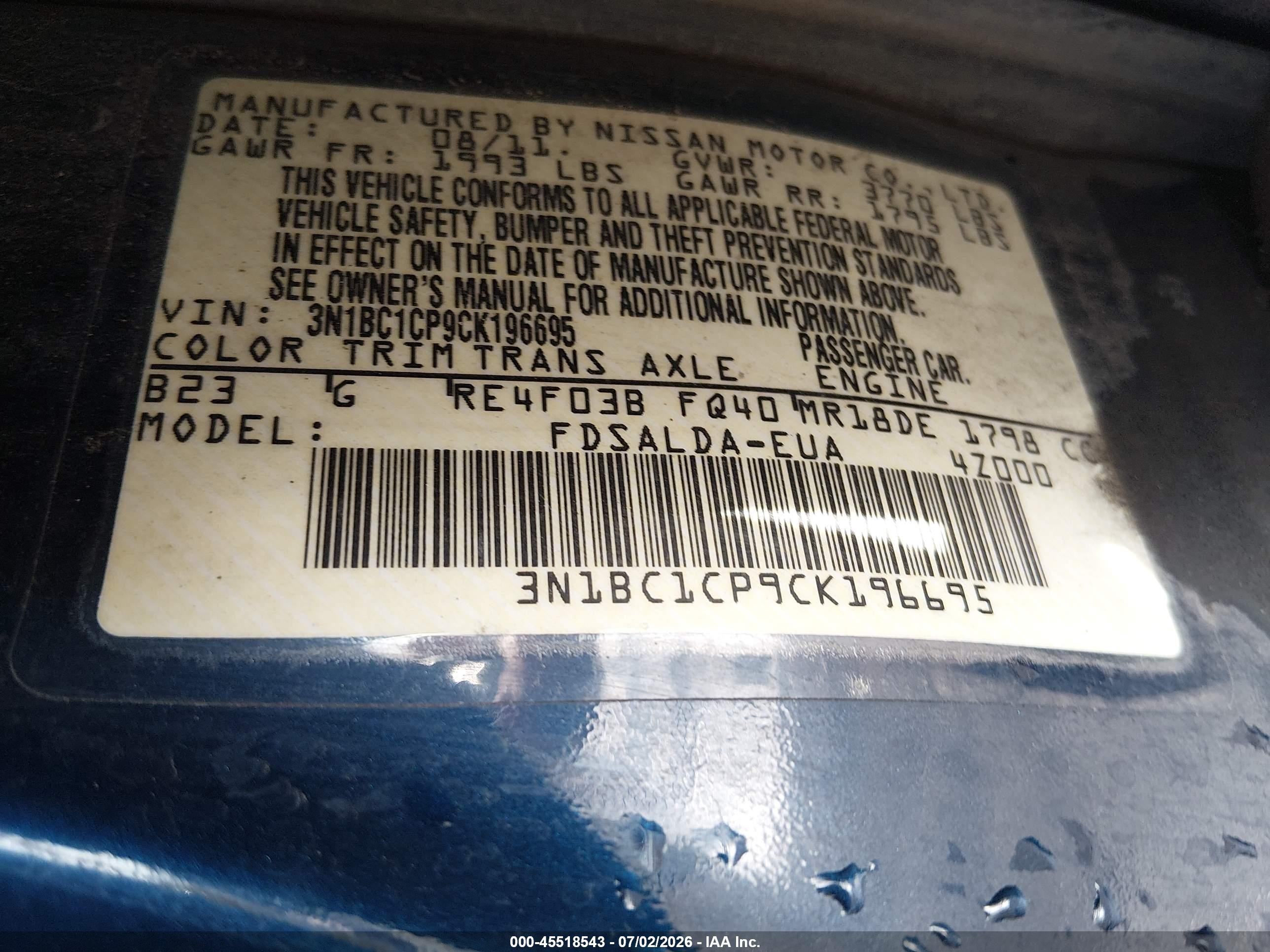 2012 Nissan Versa 1.8 S Blue vin: 3N1BC1CP9CK196695