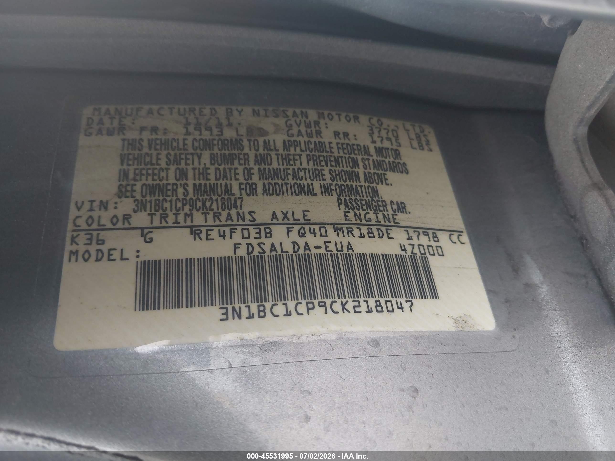2012 Nissan Versa 1.8 S Gray vin: 3N1BC1CP9CK218047