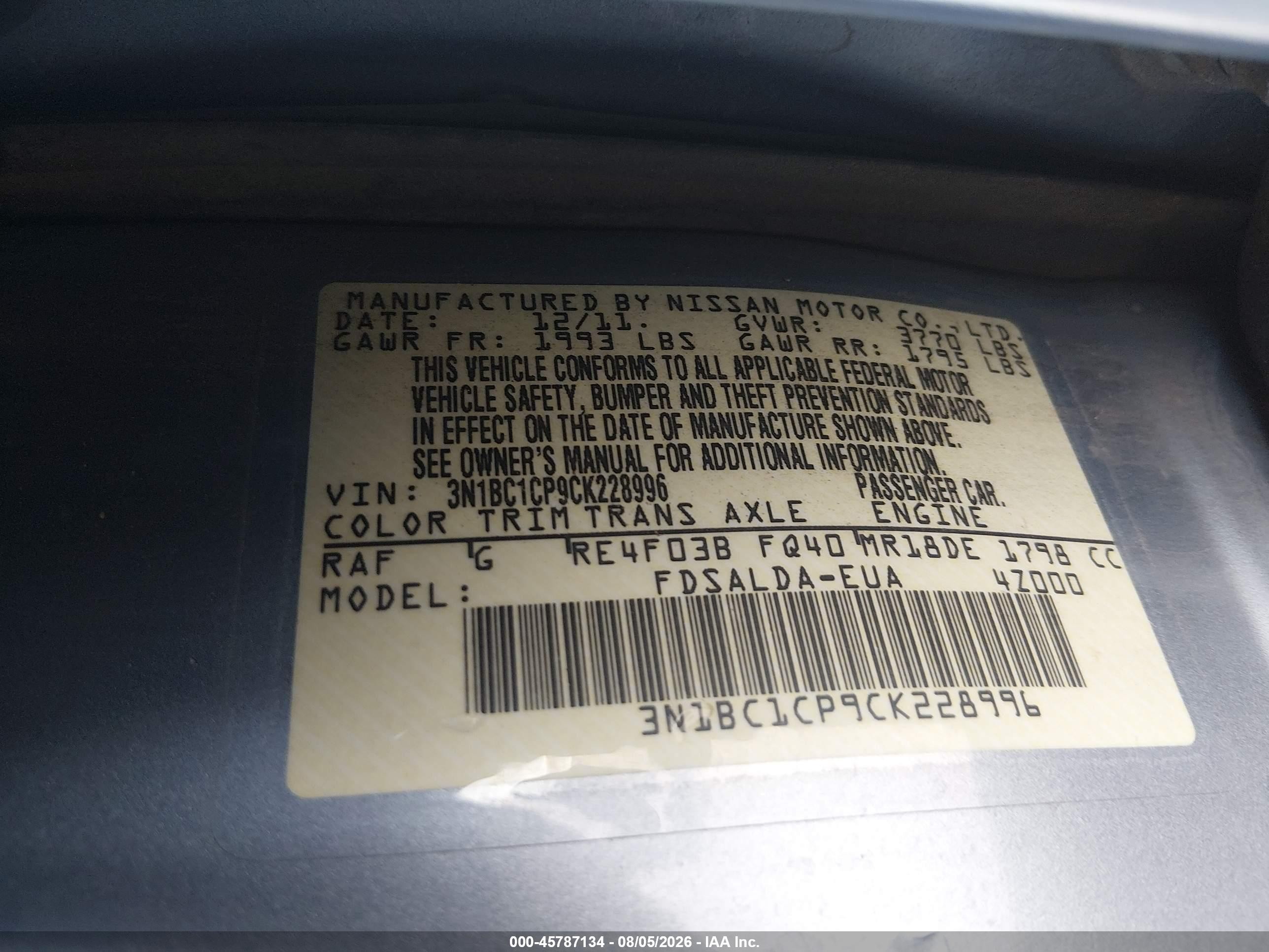 2012 Nissan Versa 1.8 S Синий vin: 3N1BC1CP9CK228996